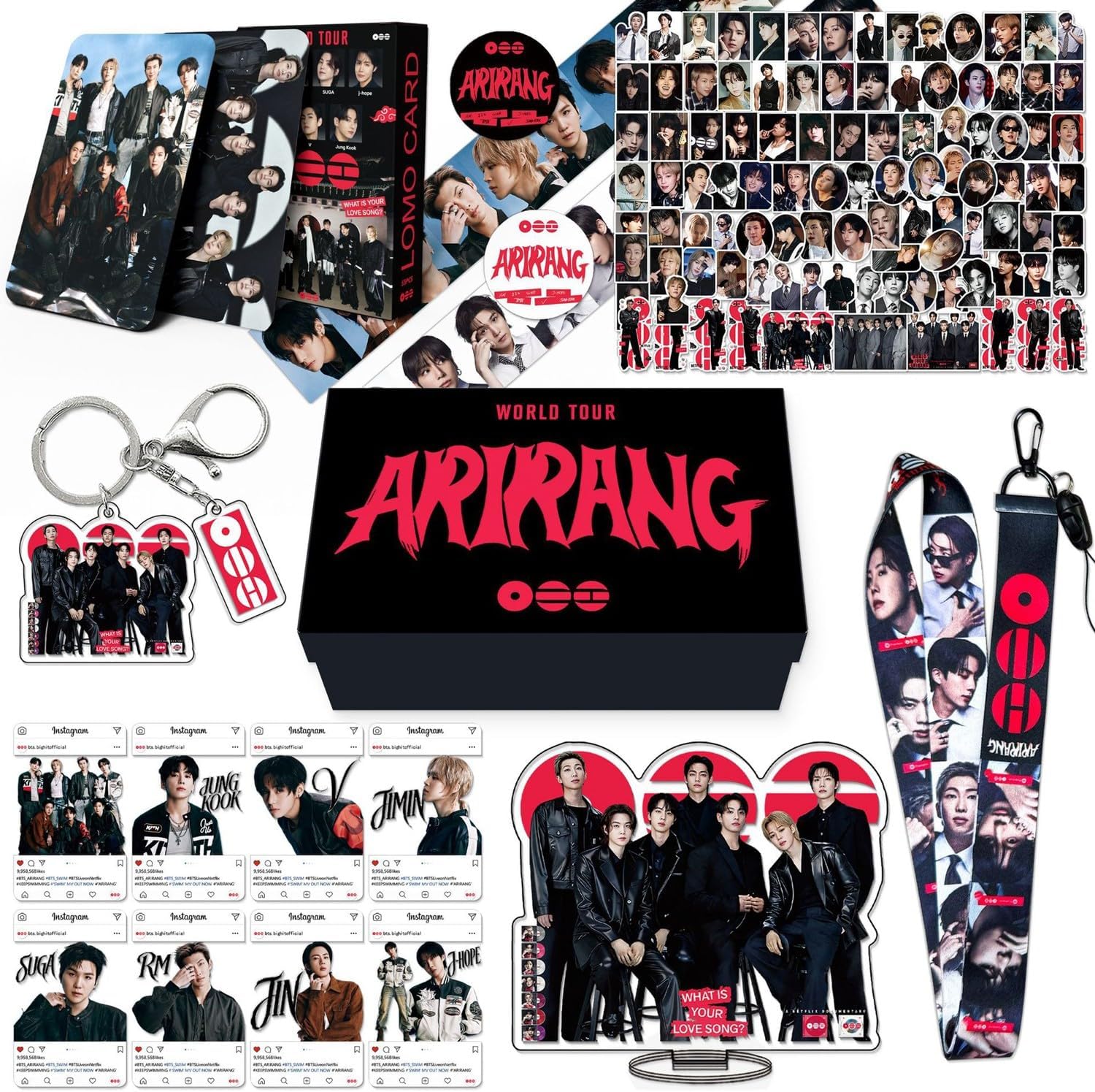 Roffatide Kpop Army Fans Gift Set 170Pcs Merch Set Including 55 Lomo Cards 102 Stickers Keychain Lanyard Acrylic Stand 2 Hand Account Tape 8 Photo Cards
