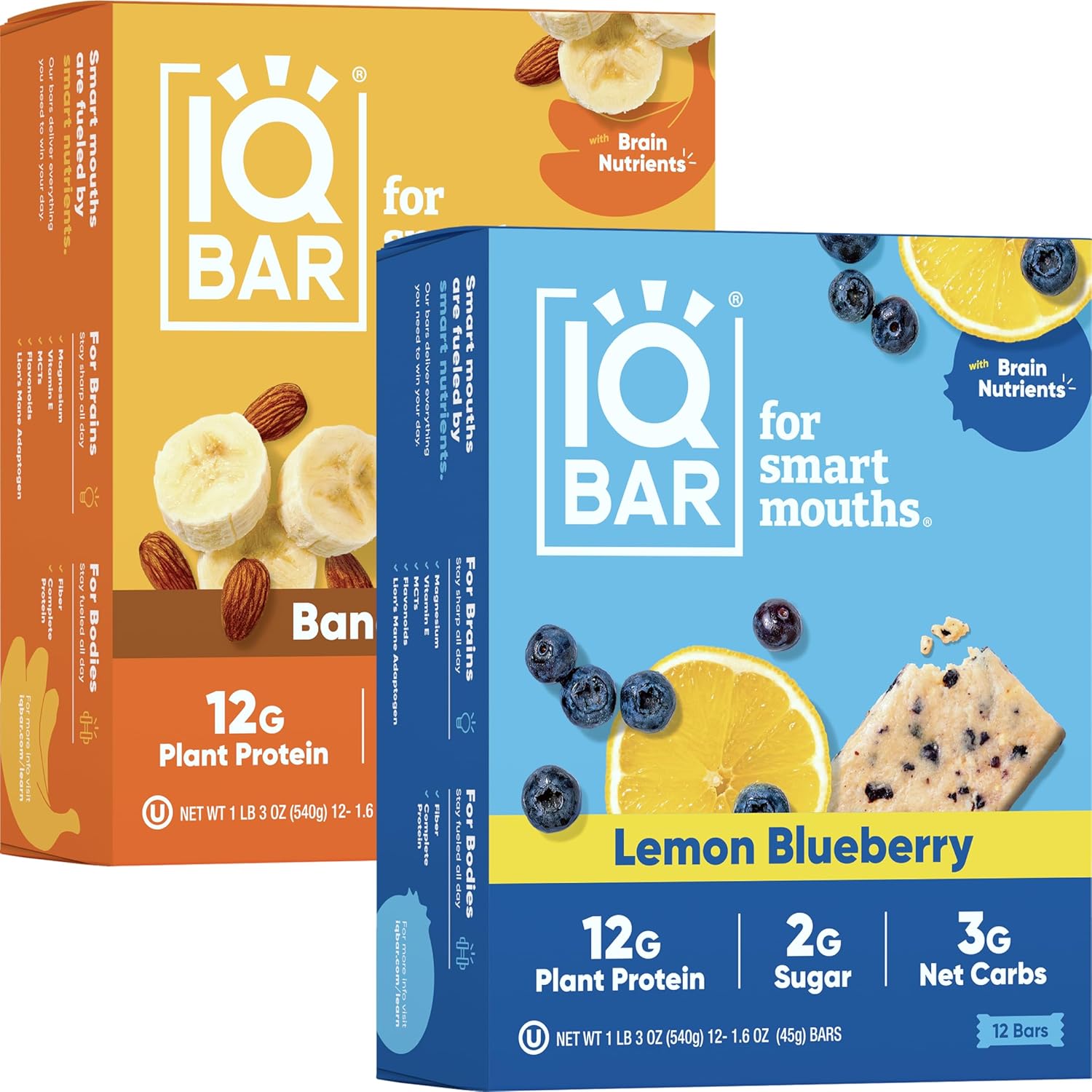 IQBAR Brain and Body Keto Protein Bars - Banana Nut and Lemon Blueberry - 12 Count Energy Bars - Low Carb Protein Bars - High Fiber Vegan Bars Low Sugar Meal Replacement Bars