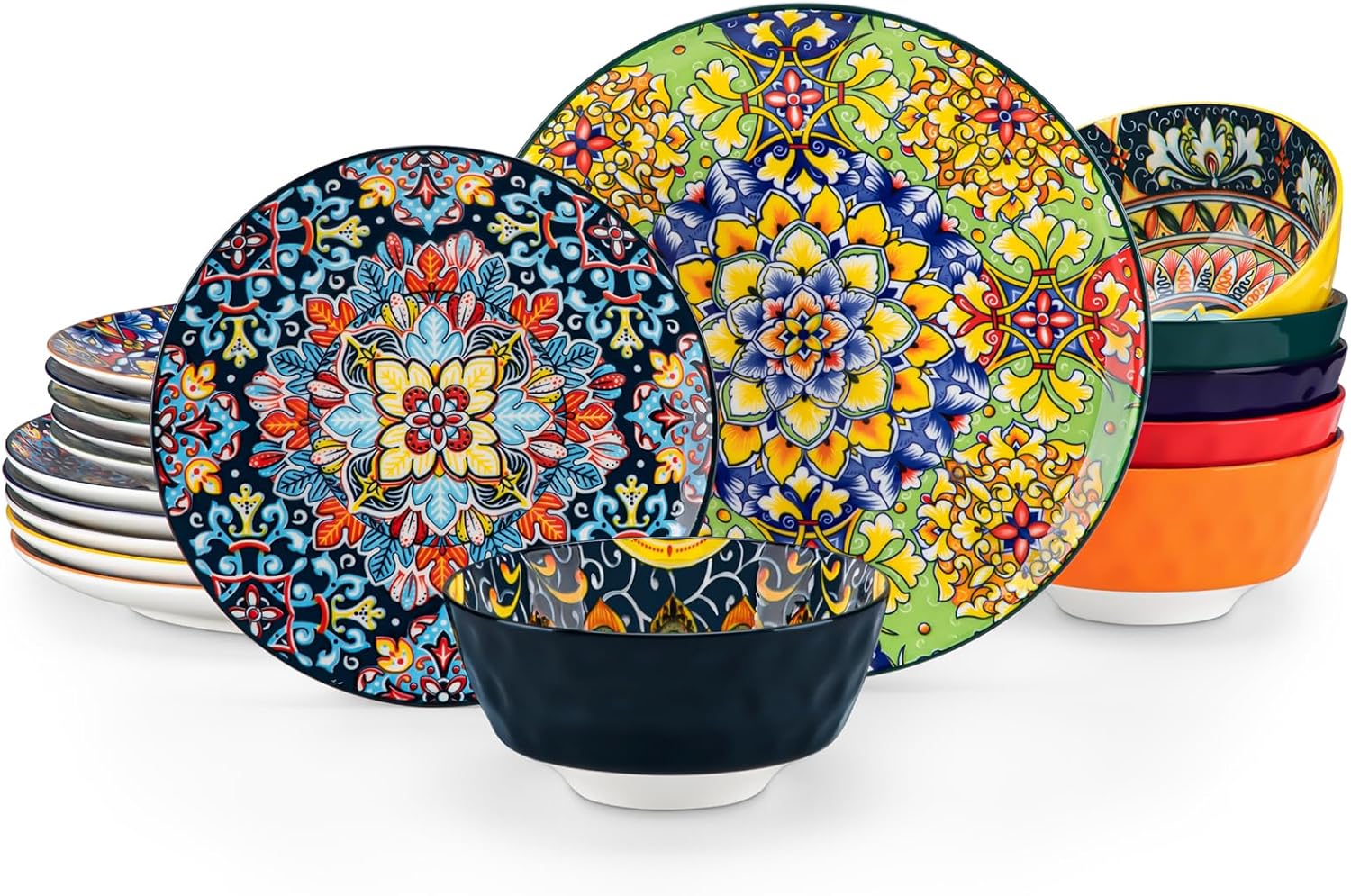vancasso Dinner Sets for 6 People, Simi Dinnerware Dish Set Artisanal Pieces with 10.5in Dinner Plate, 8.5in Dessert Plate and 950ml Cereal Bowl, Boho Colourful Tableware