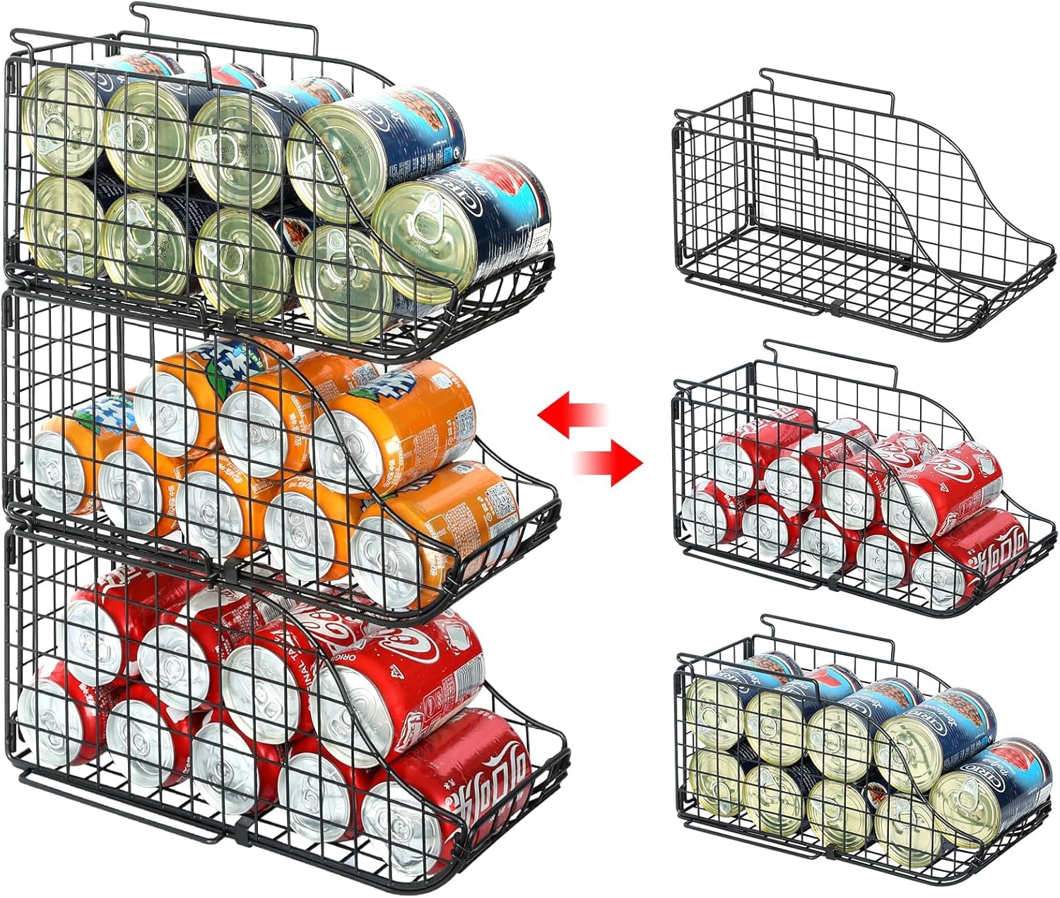 Standing Can Dispenser Bin 3-Pack, Stackable Beverage Drink Pop Soda Can Storage Organizer Basket with Handles, Foldable Canned Food Holder for Kitchen Pantry Countertop Cabinet Patent Pending