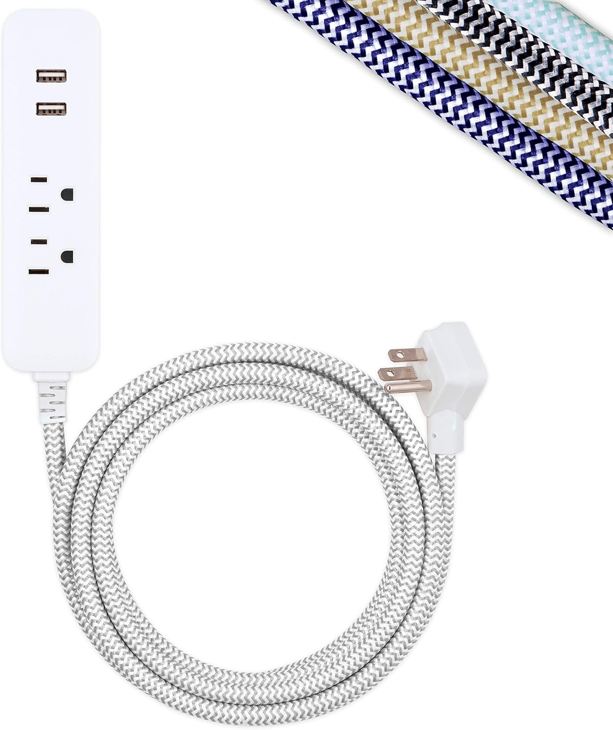 Cordinate Designer USB Charging Station Extension Cord, Power Strip Surge Protector, 2 Outlets, 2 USB Ports, Extra Long 10 Ft Cable with Flat Plug, Braided Cord, 2.4A Fast Charge, Gray/White, 41691