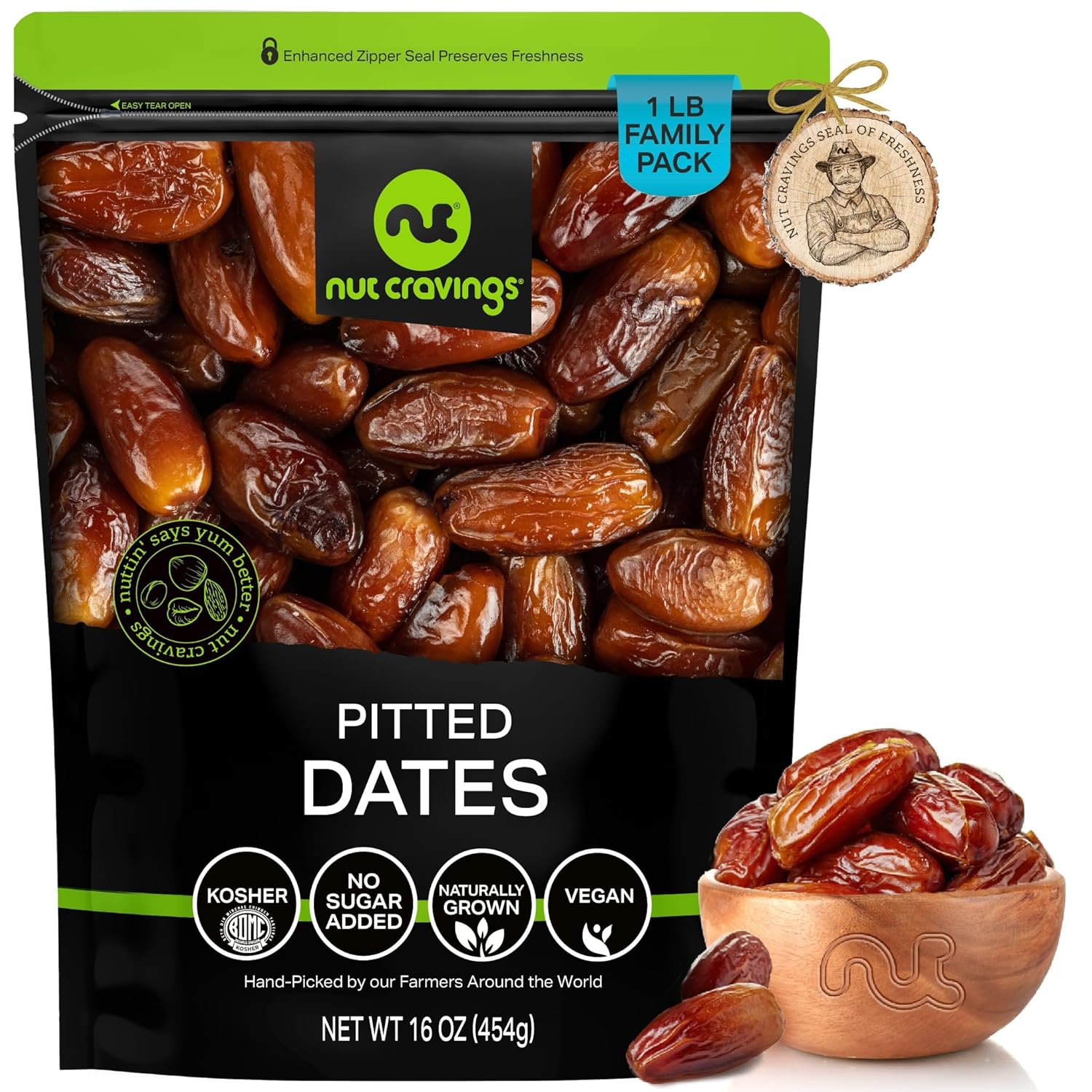 NUT CRAVINGS Dry Fruits - Sun Dried Deglet Noor Dates Pitted, No Sugar Added (16oz - 1 LB) Packed Fresh in Resealable Bag - Sweet Snack, Healthy Food, Naturally Grown, Vegan, Kosher Certified