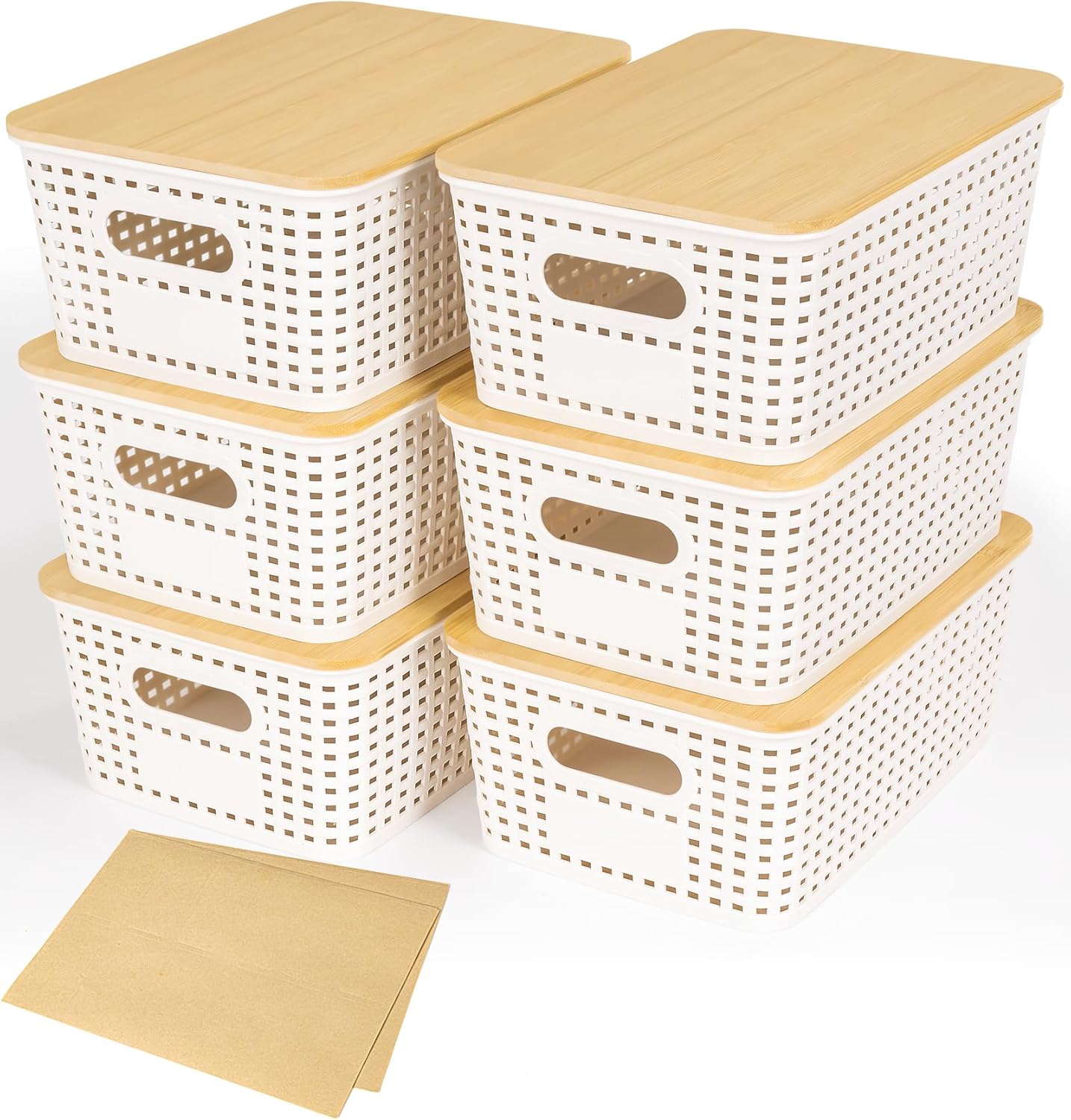 6 Pack Plastic Storage Baskets With Bamboo Lid, Stackable Storage Baskets for Organizing Desktop Closet Shelves Drawers Pantry Organization Office Playroom Classroom