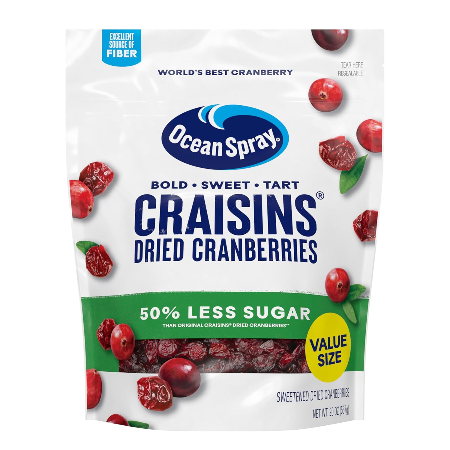 Ocean Spray Craisins Dried Cranberries, Reduced Sugar, 20 Ounce