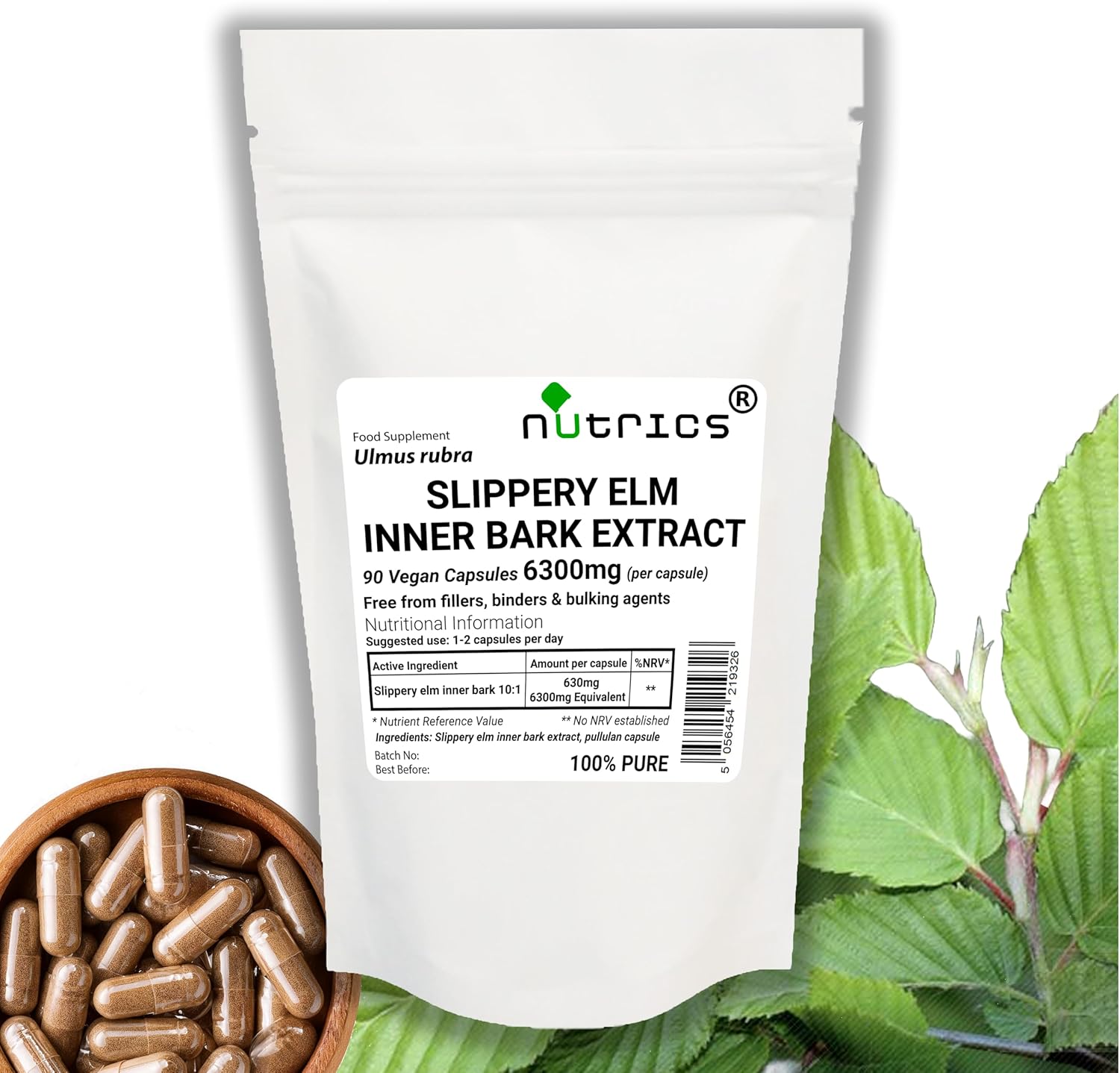 Slippery Elm Inner Bark 6300mg - Ulmus rubra Pure x 90 V Capsules (1 Month Supply) - Suitable for Vegan Vegetarian