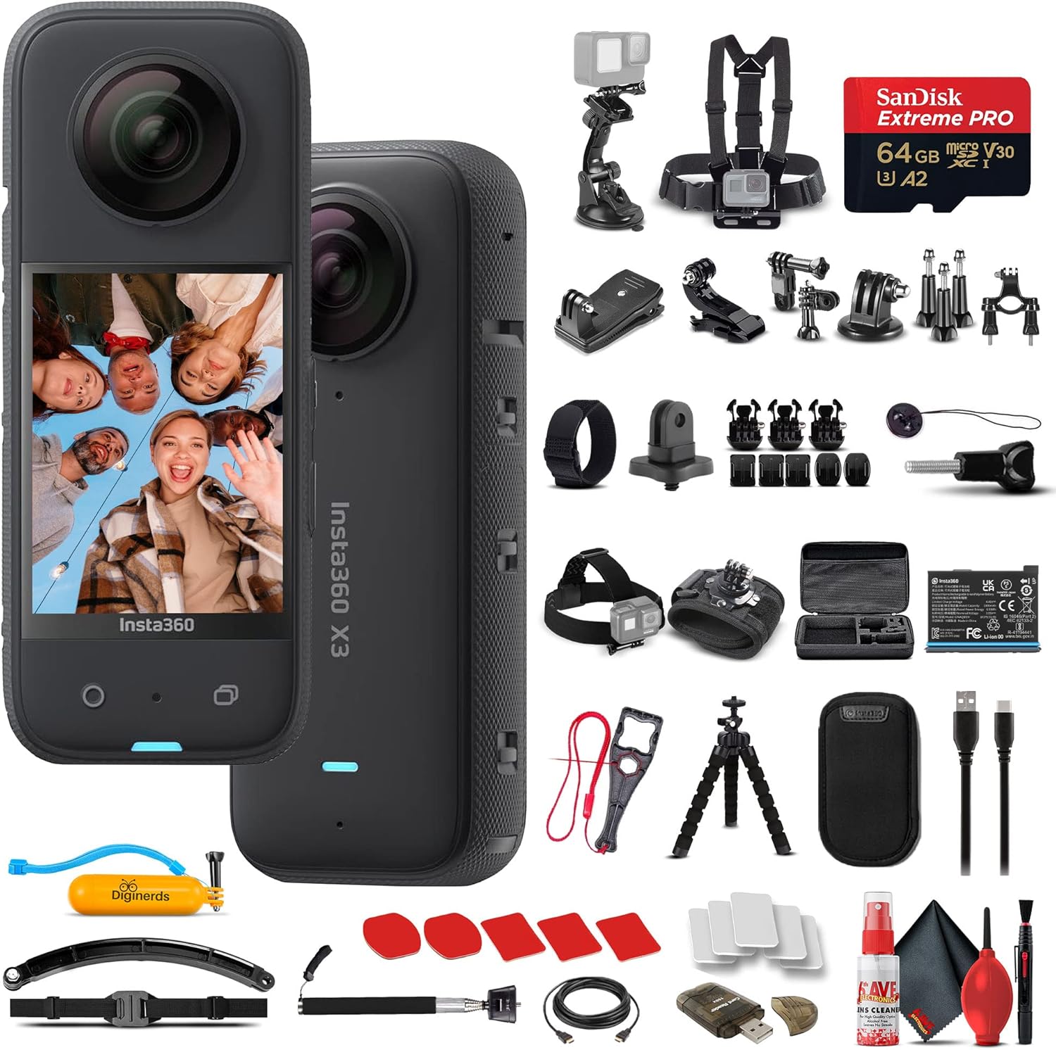 Insta360 X3 - Waterproof 360 Action Camera with 1/2" 48MP Sensors, 5.7K 360 Video, 72MP 360 Photo, Stabilization, Touchscreen, + 50 in 1 Accessory Kit + 64GB Card + Card Reader + More