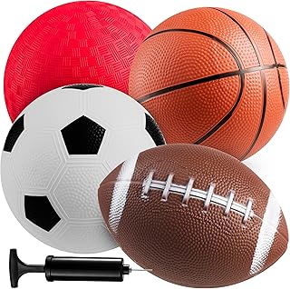 Bedwina Sports Balls for Kids & Toddlers - 5-inch Sports Balls Set Includes Football, Small Soccer Ball, Basketball, and Playground Balls, Fun Indoors & Outdoor Toys (Hand Pump Included)