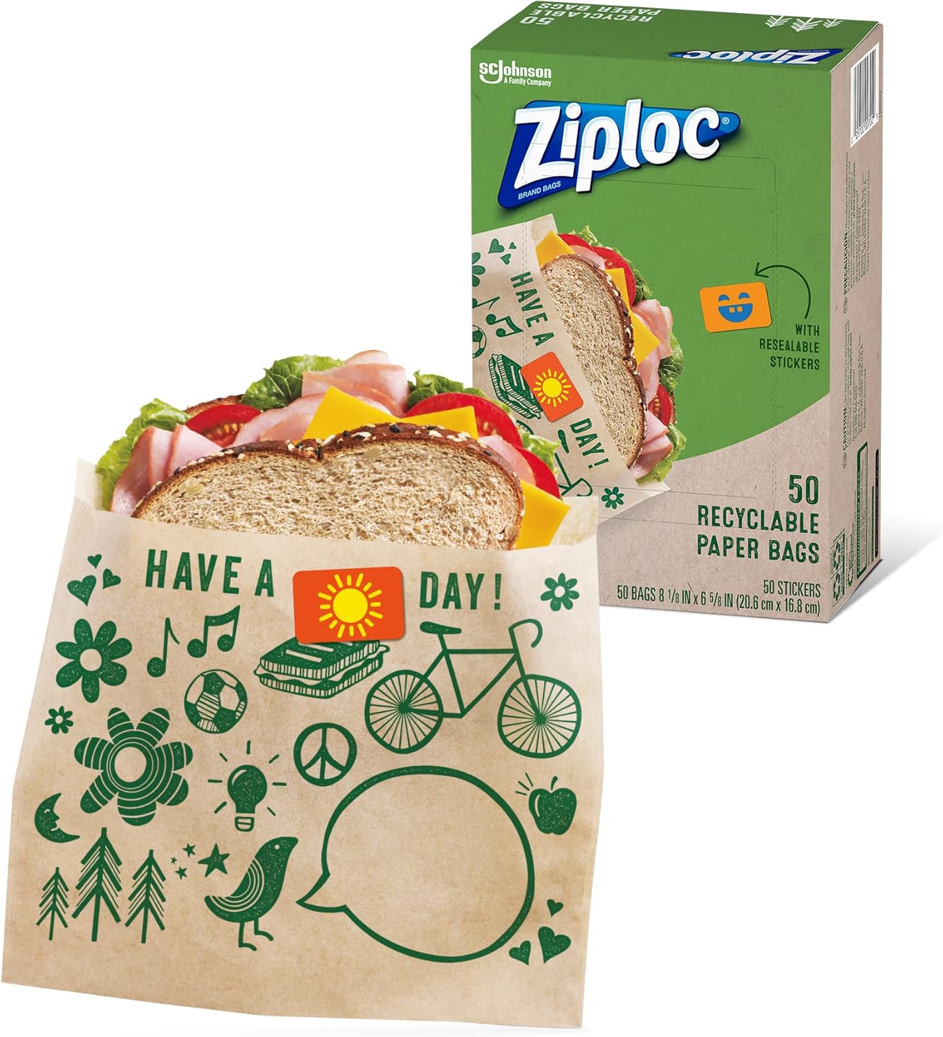 Ziploc Paper Sandwich and Snack Bags, Recyclable & Sealable with Fun Designs, 50 Bags Total
