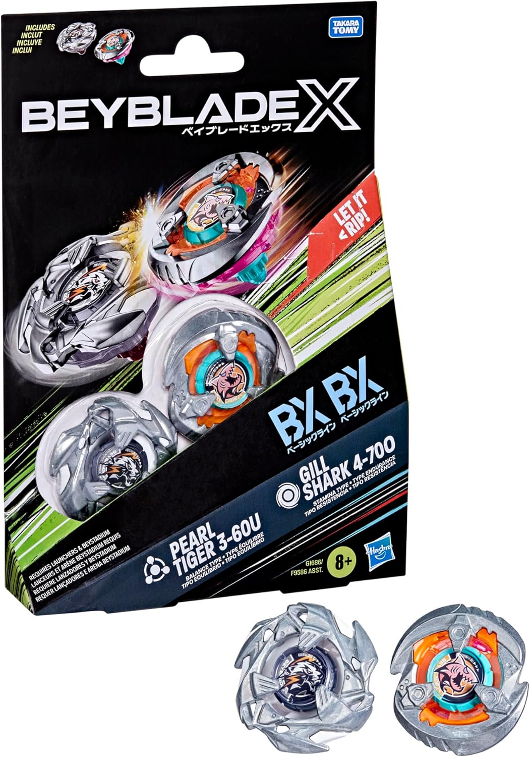 Beyblade X Gill Shark 4-70O BX & Pearl Tiger 3-60U BX Dual Pack Set with 2 Right-Spinning Tops; Authentic Takara Tomy Battle Tops; Games/Toys for Boys & Girls 8+