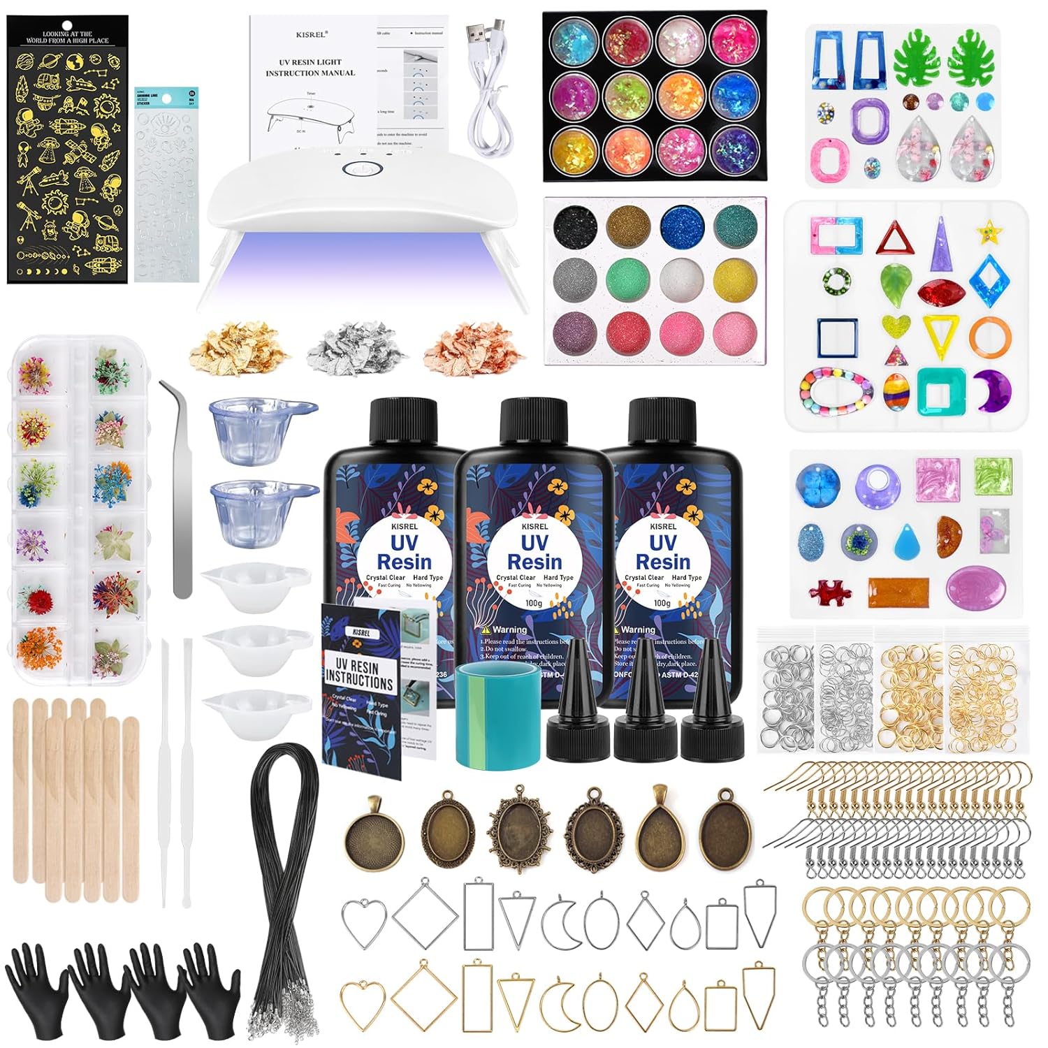 KISREL UV Resin Jewelry Making Kit, 300g Crystal Clear Resin with Light and Molds, DIY Jewelry Making Kit, Resina Starter Kits for Keychain and Earring