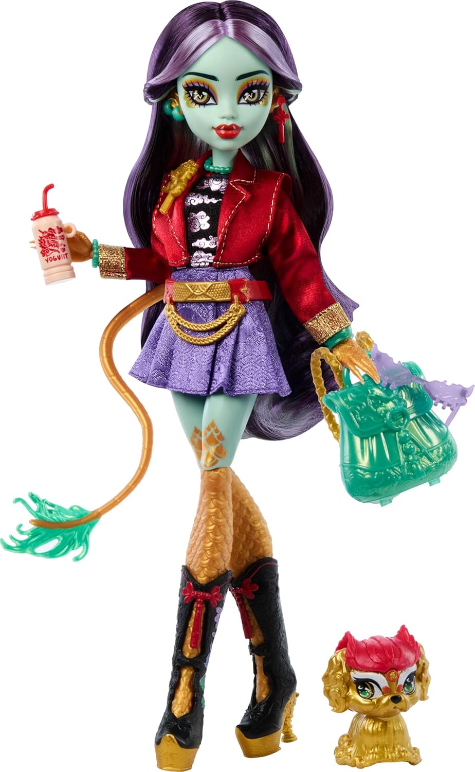 Monster High Jinafire Long Doll Age 4+, Dragon with Pet Dog Cloudy “Yun Yun” and 7 Accessories like Sketch Pad, Yogurt Drink, Backpack and More, HYV58