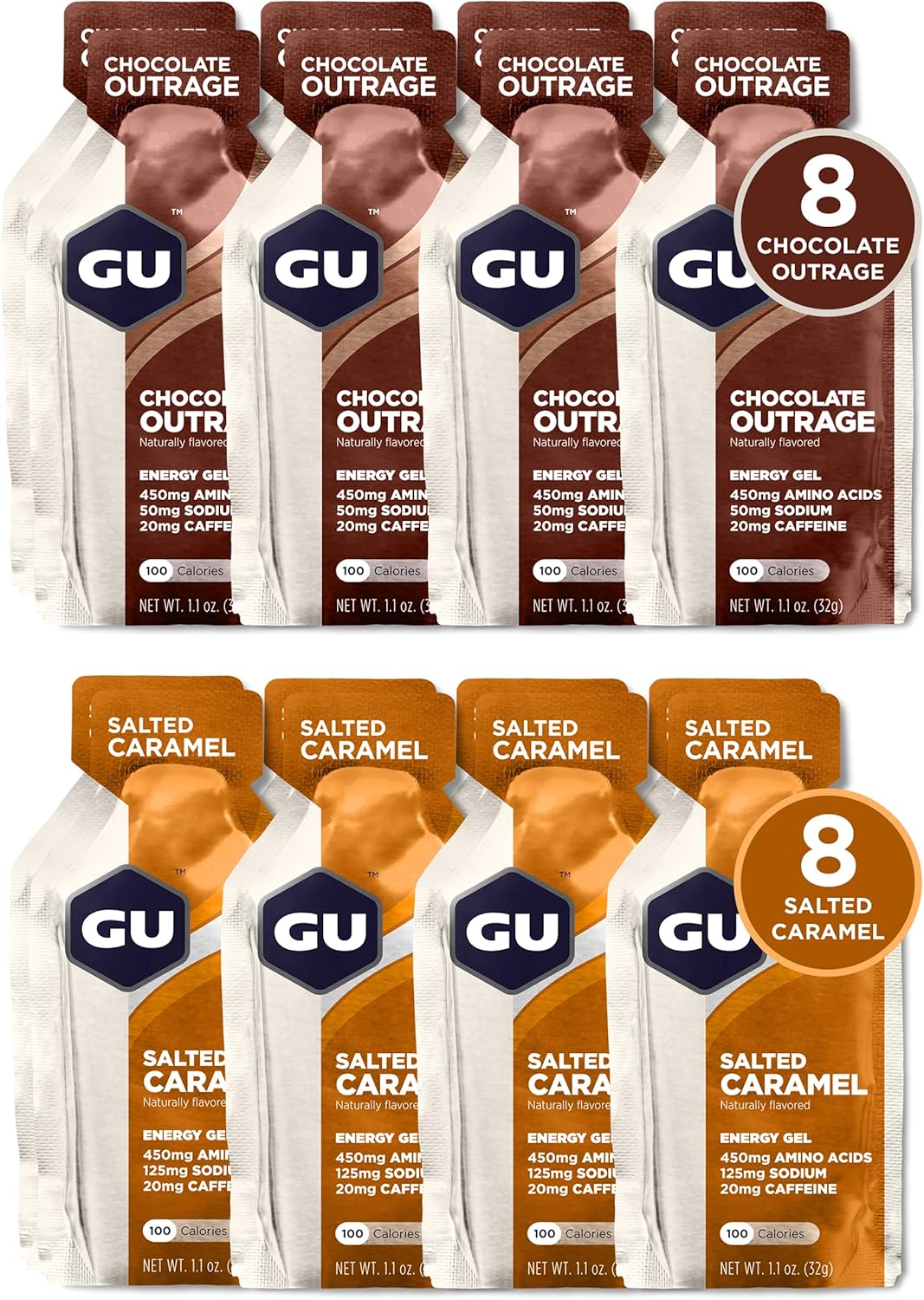 GU Energy Original Sports Nutrition Variety Pack: 8 Chocolate Outrage + 8 Salted Caramel (16 Packets Total)