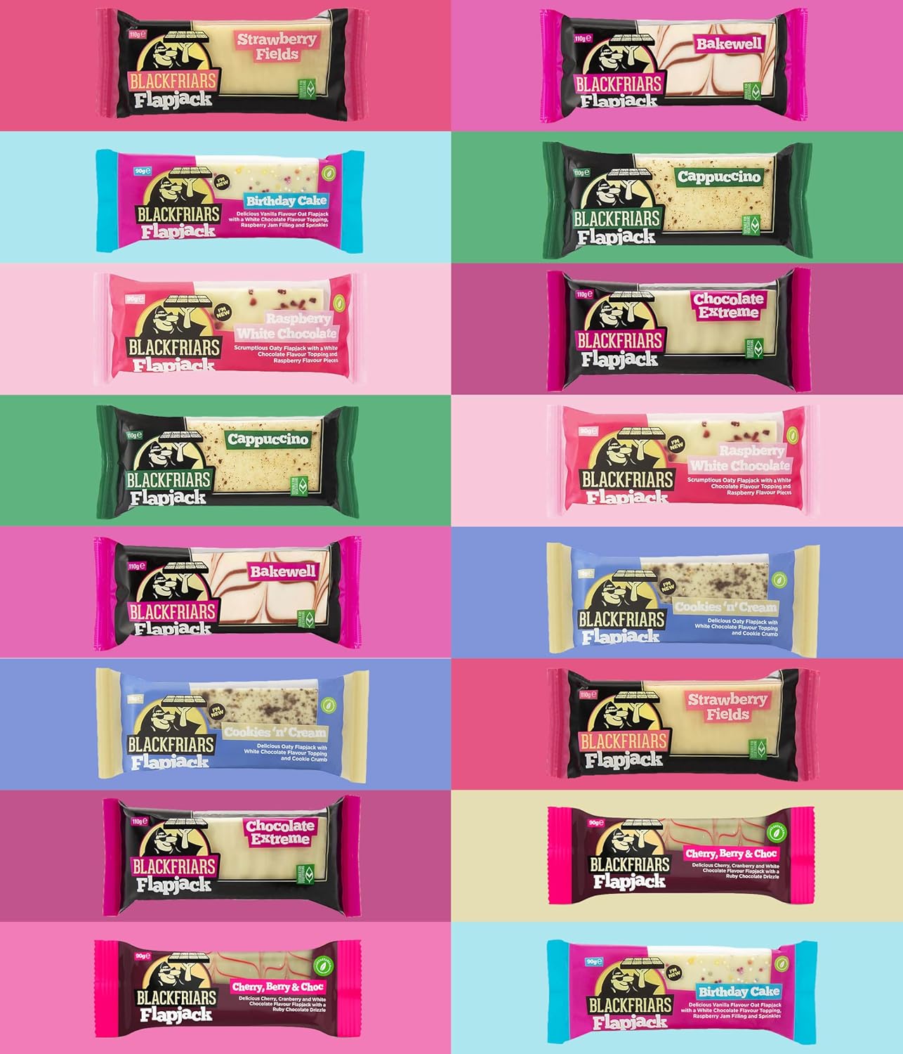 Blackfriars White Chocolate Coated Flapjack Selection 16 bars in 8 flavours(box of 16x90-110g bars) -Breakfast Bars, Birthday Cake, Strawberry Field, Bakewell, Cookies & Cream, Chocolate, Capuccino…