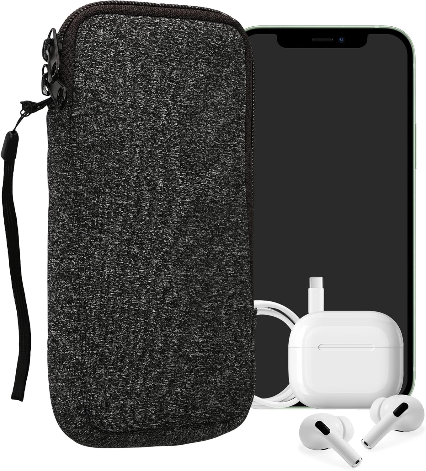 kwmobile Neoprene Phone Pouch Size XXL - 7" - Universal Cell Sleeve Mobile Bag with Zipper, Wrist Strap - Anthracite/White