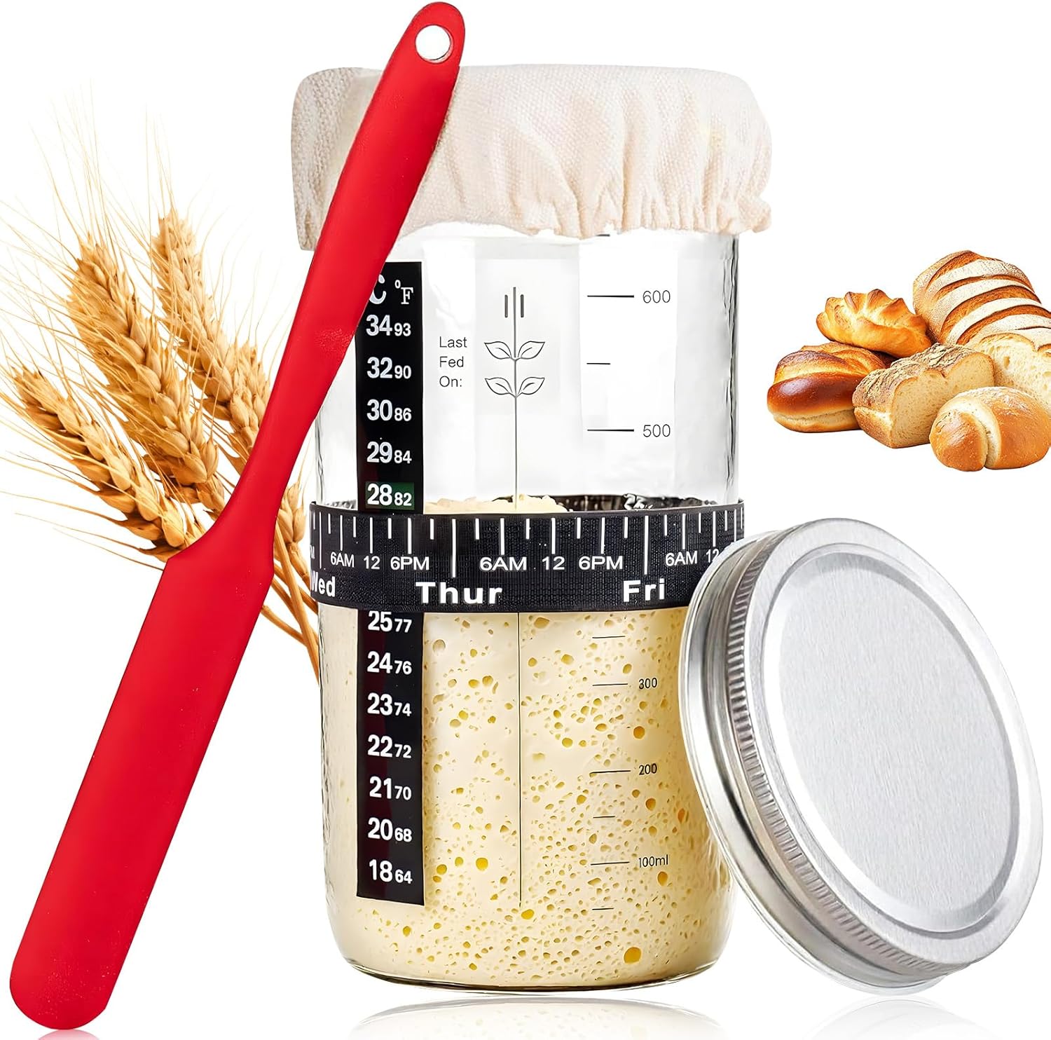 Moorstdel Sourdough Starter Jar Kit, 800ML/32oz Sourdough Bread Baking Container, Glass Fermentation Jar, Dough Rising Container for Home Baking, Healthy Cooking & Sustainable Living