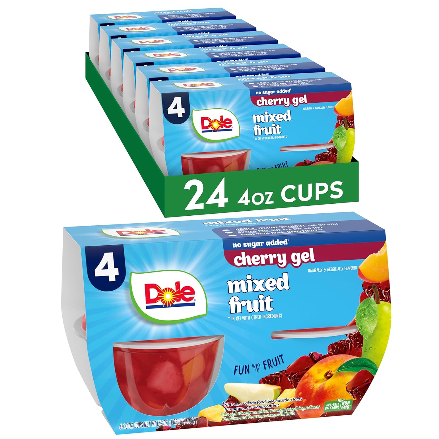 Dole Fruit Bowls Mixed Fruit in Cherry Flavored Gel Snacks, 4oz 24 Total Cups, Gluten & Dairy Free, Bulk Lunch Snacks for Kids & Adults