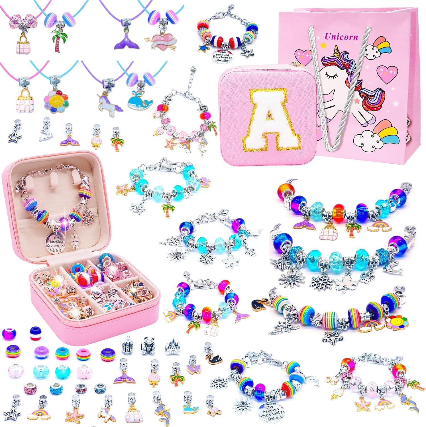 SUREHOME Charm Bracelet Making Kit for Girls 8-12, Art & Crafts for Ages 6-8 Kids Jewelry Making Kit with Initial Box Perfect Personalized Gifts 7+ 9 10 11 Year Old Girls Birthday Christmas Stuff - A