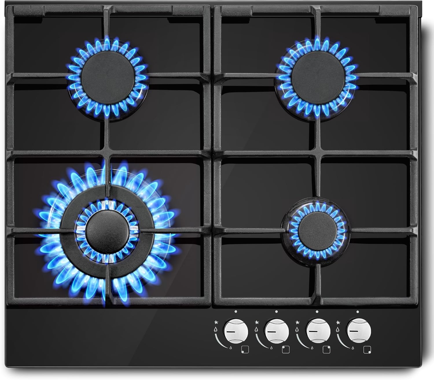 SNDOAS Gas Hob 4 Burners, NG/LPG Convertible, Black Glass Gas Cooker Hob with Wok Burner, Built-in Gas Hob with Flame Failure Protection, 8060W
