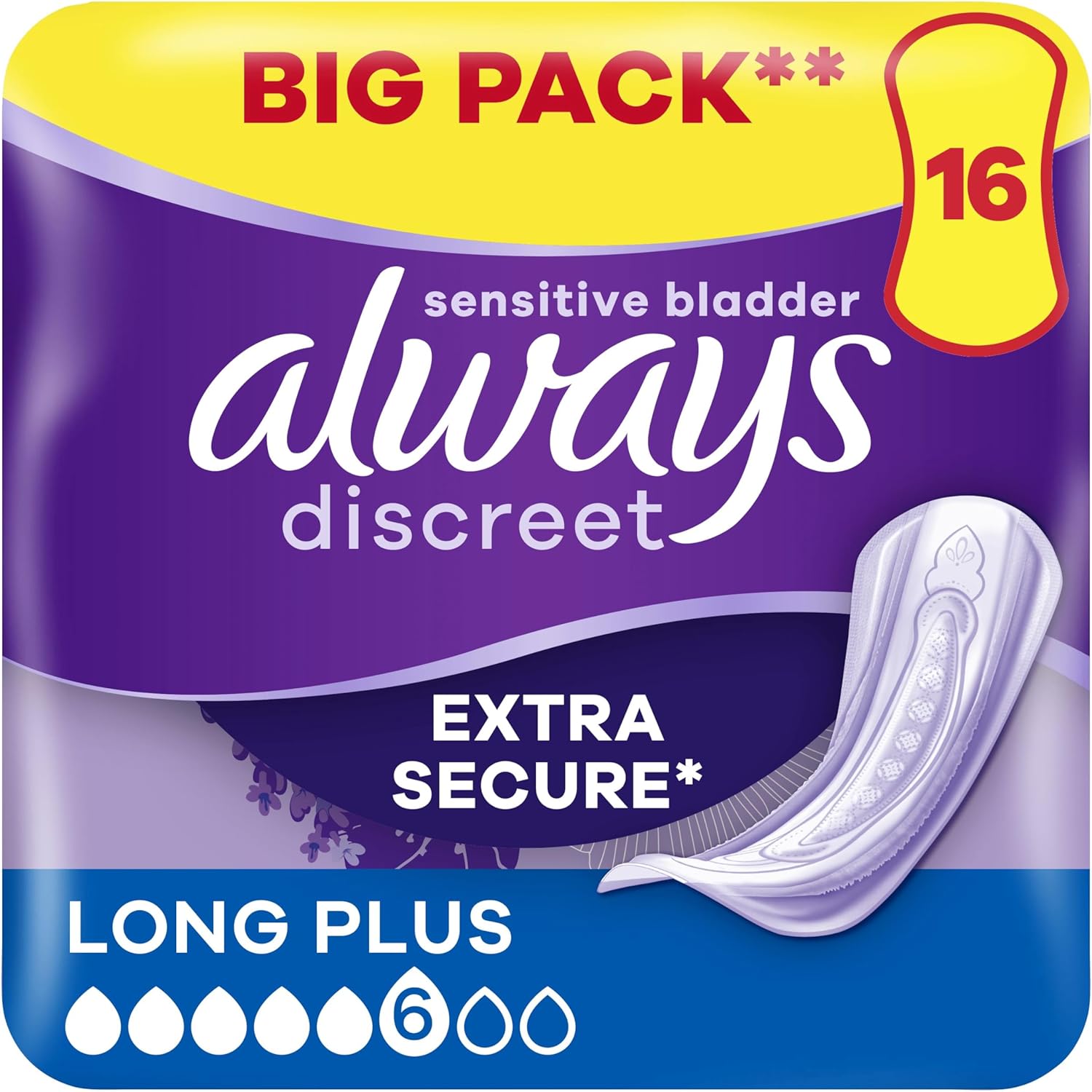 Always Discreet Incontinence Pads Women Long Plus 16 Count, Incontinence Products