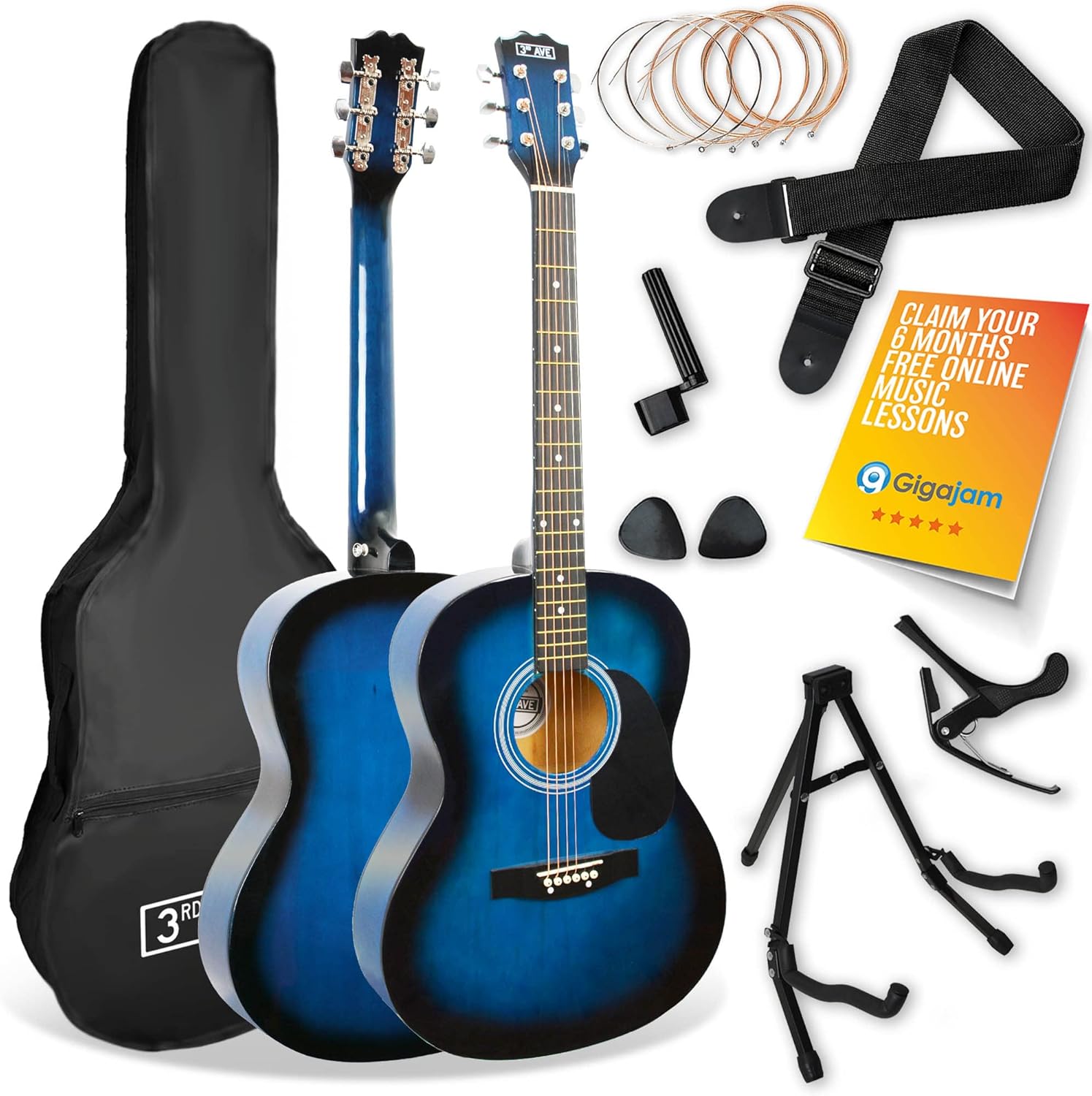 3rd Avenue Full Size 4/4 Acoustic Guitar Pack for Beginners - 6 Months FREE Lessons, Gig Bag, Picks, Spare Strings, Stand, Strap, Capo - Blue