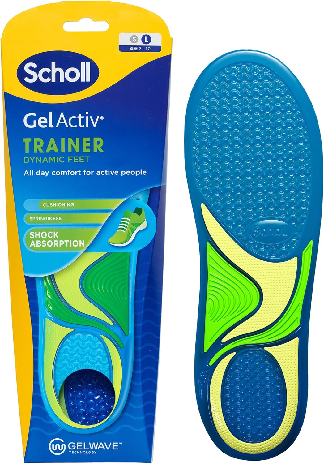 Scholl GelActiv Trainer Insoles for Men, All Day Comfort Running Shoe Insoles, Super Shock Absorption and Springiness with GelWave Technology, UK Size 7-12