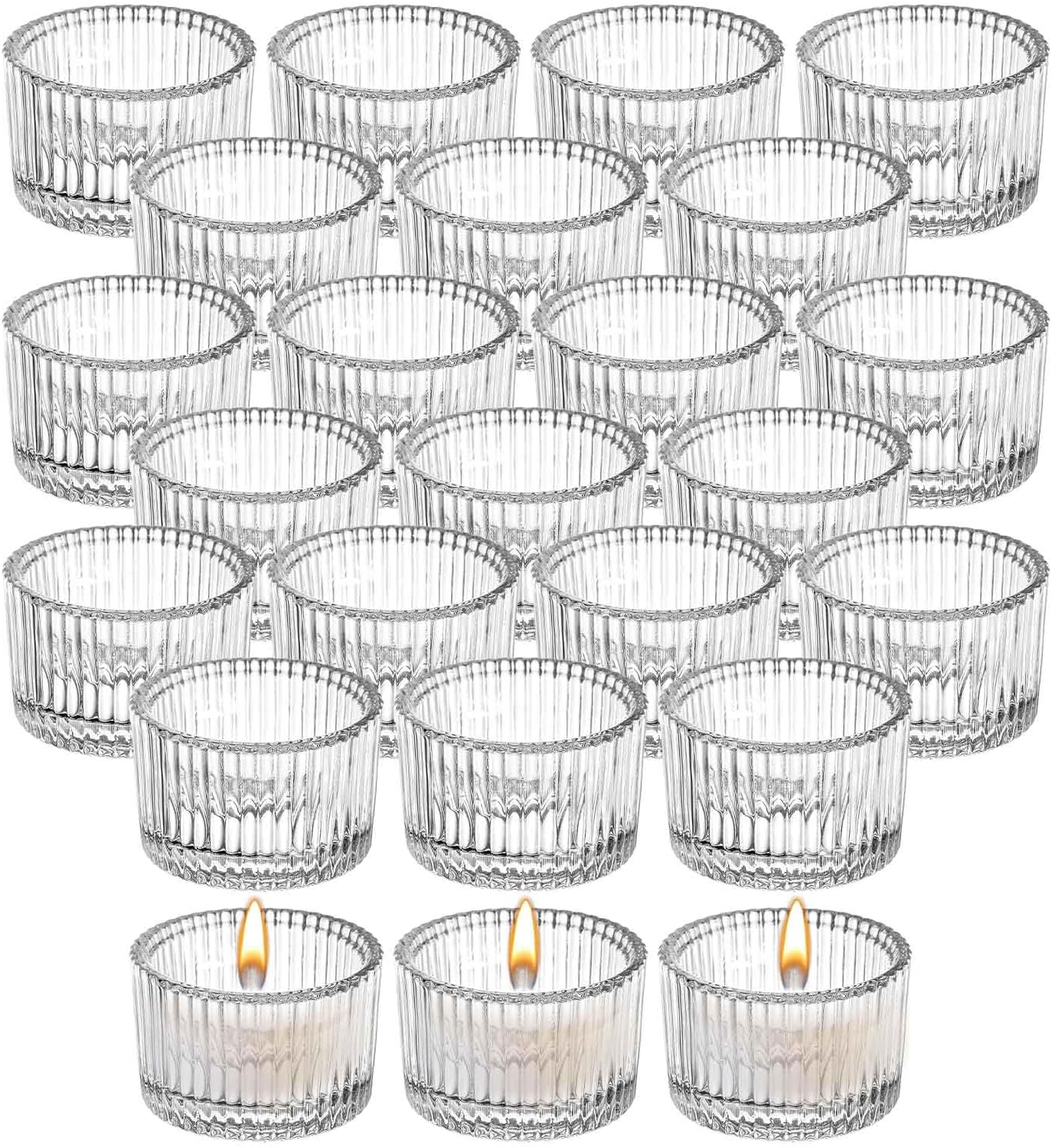 24 PCS Glass Tea Light Candle Holders, 2" x 1.4" Mini Ribbed Tealight Holder, Clear Tealight Holders for Wedding, Birthday, Festival, Table Centerpiece