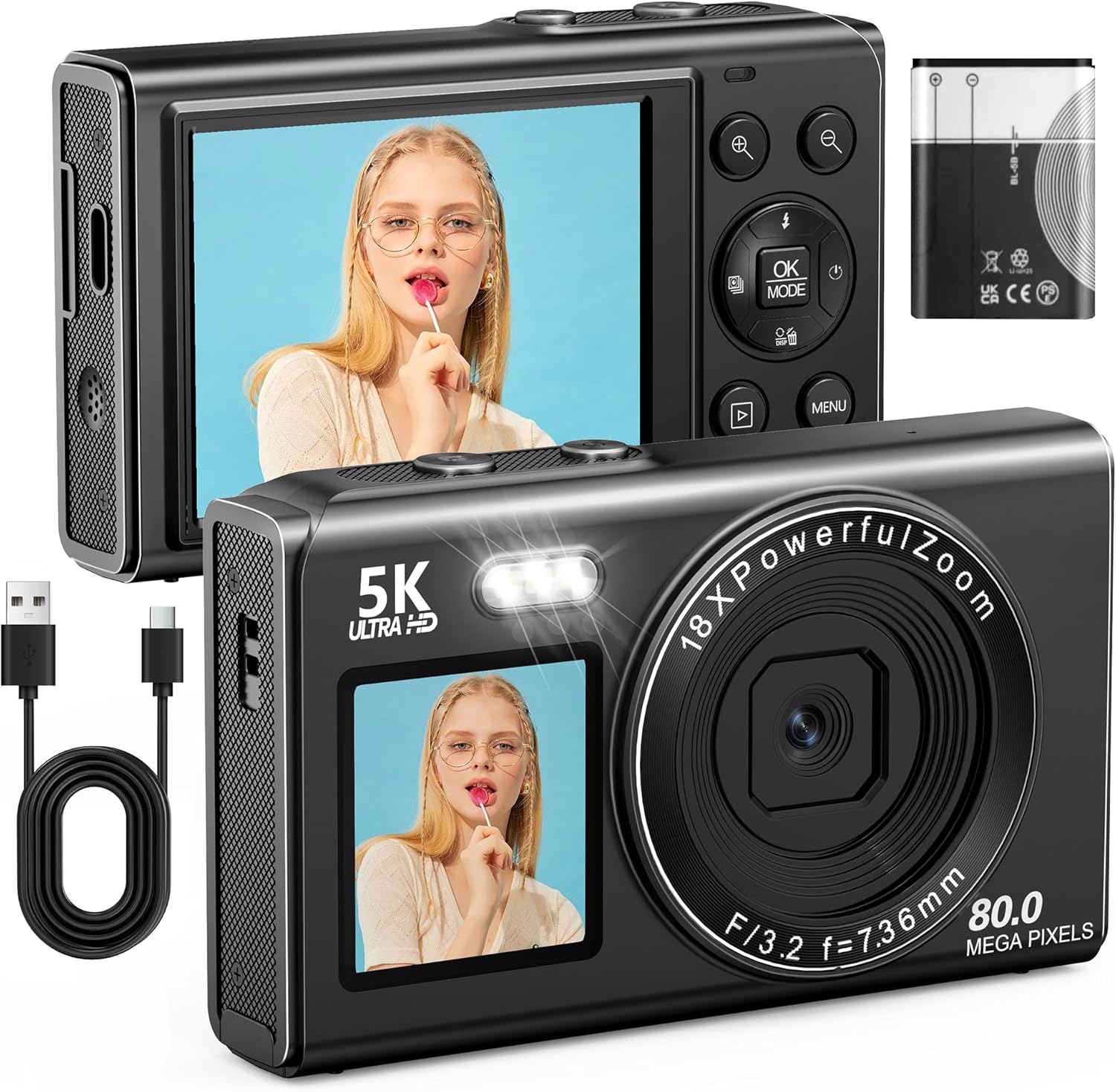 Digital Camera 5K Vlogging Camera 80MP cameras for photography Portable Compact Photo Camera with 2.4'' LCD Screen & 1.5'' Selfie screen, 18X Digital Zoom, 32G SD Card for Teens Adult Beginners, Black