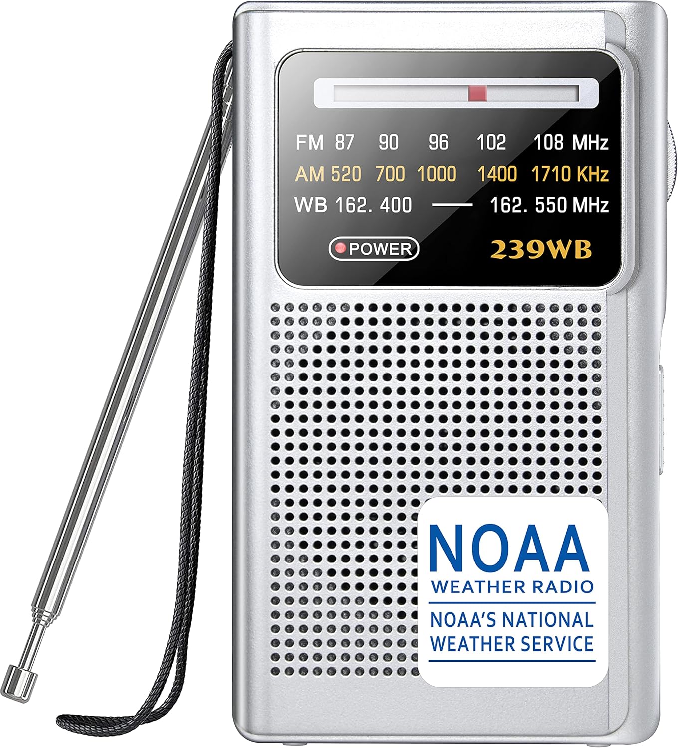 Greadio NOAA Weather Radio, AM/FM Battery Operated Transistor Portable Radio with Best Reception,Stereo Earphone Jack,Powered by 2 AA Battery for Emergency,Hurricane,Running, Walking,Home (Silver)