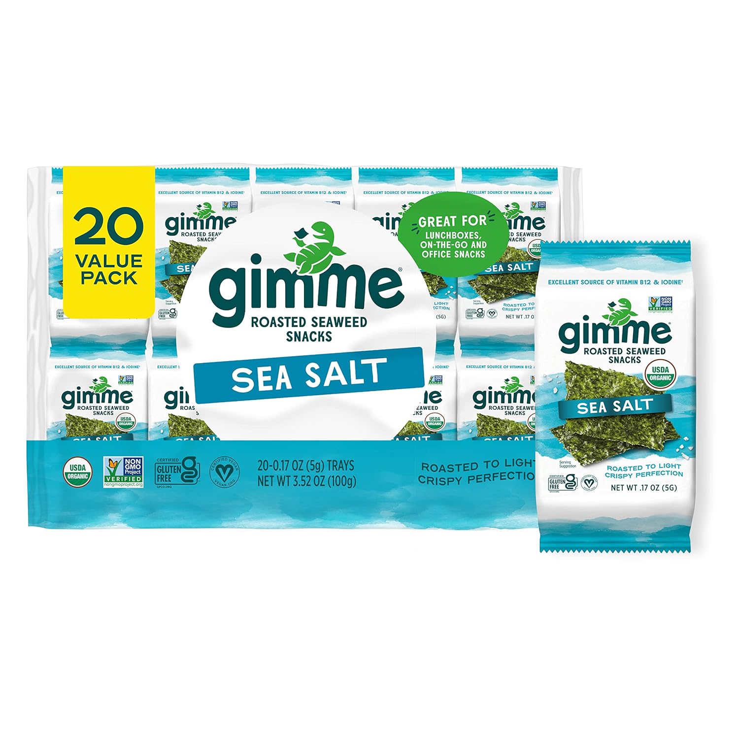 Gimme Seaweed - Sea Salt - 20 Count - Organic Roasted Seaweed Sheets - Keto, Vegan, Gluten Free - Great Source of Iodine & Omega 3’s - Healthy On-The-Go Snack for Kids & Adults