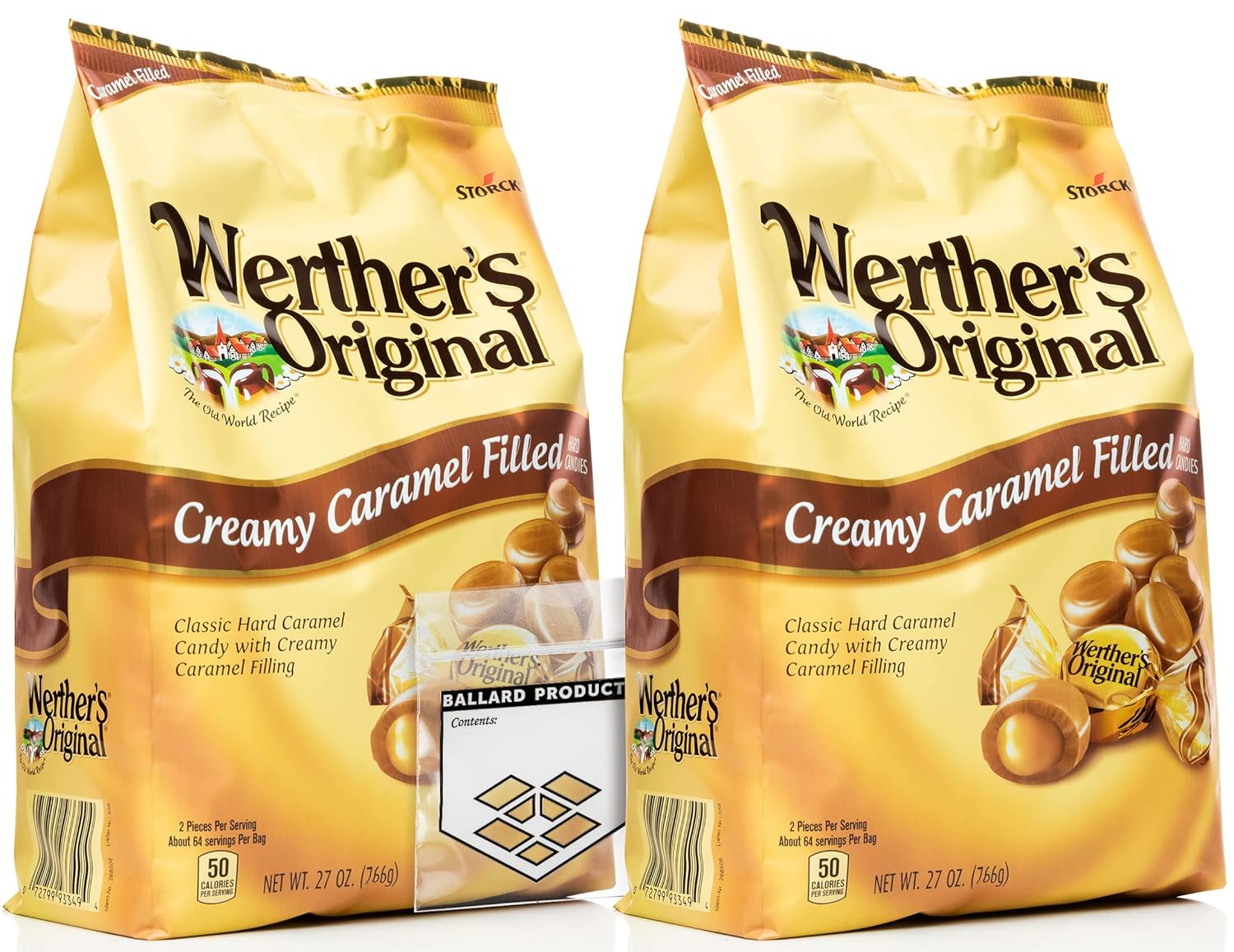 Werther's Original Creamy Caramel Filled Pack of 2 - Bulk Bags of Hard Candy Individually Wrapped (27 oz) Each - Werthers Caramel Filled Candy - Bundle with Ballard Products Pocket Bag