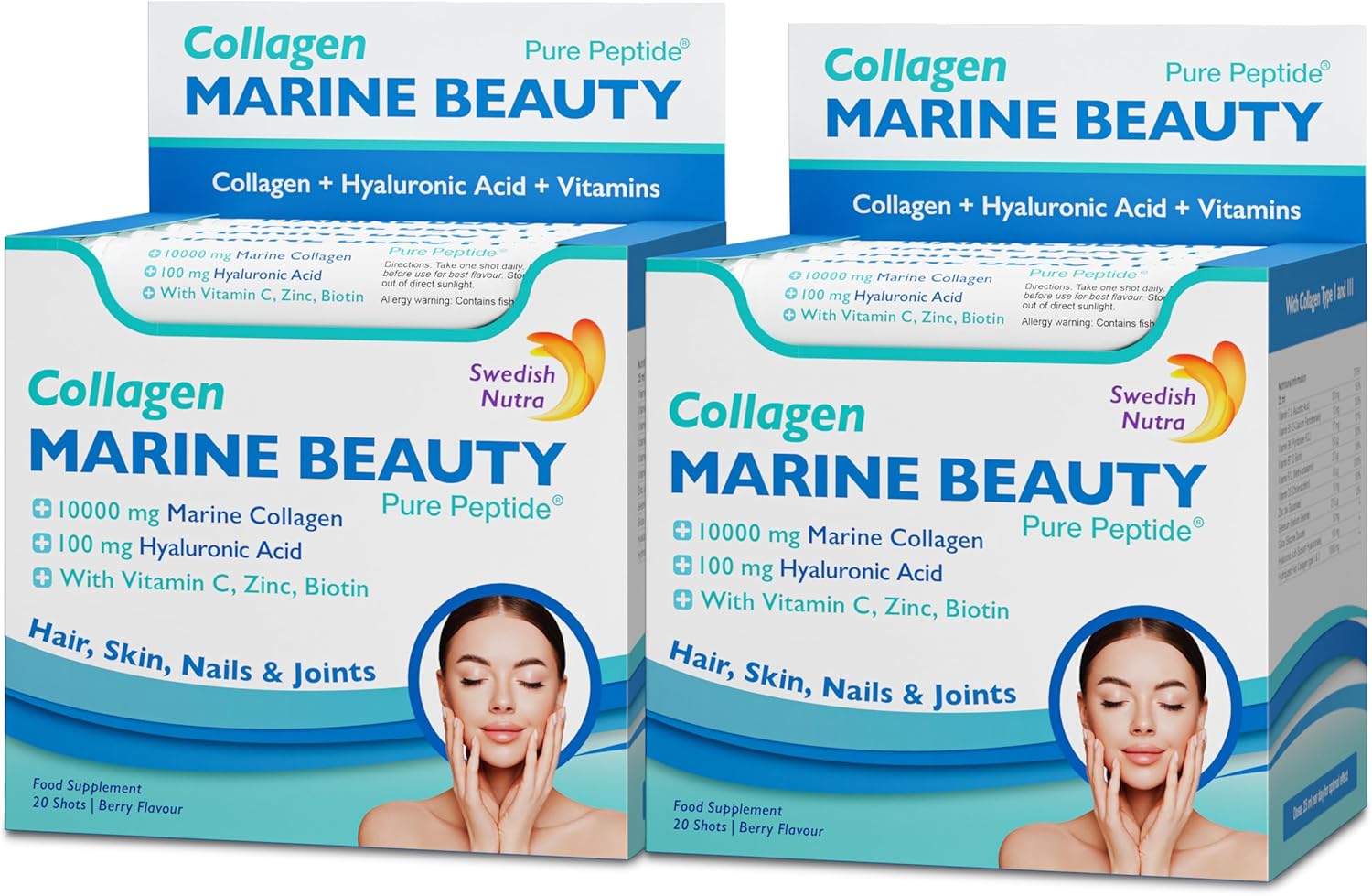 Swedish Nutra - Marine Beauty Shots - 2 Boxes, 40 Day Supply I 10000 mg Hydrolyzed Marine Collagen (Type I & III) I Skin, Hair & Nails I Higher Absorption
