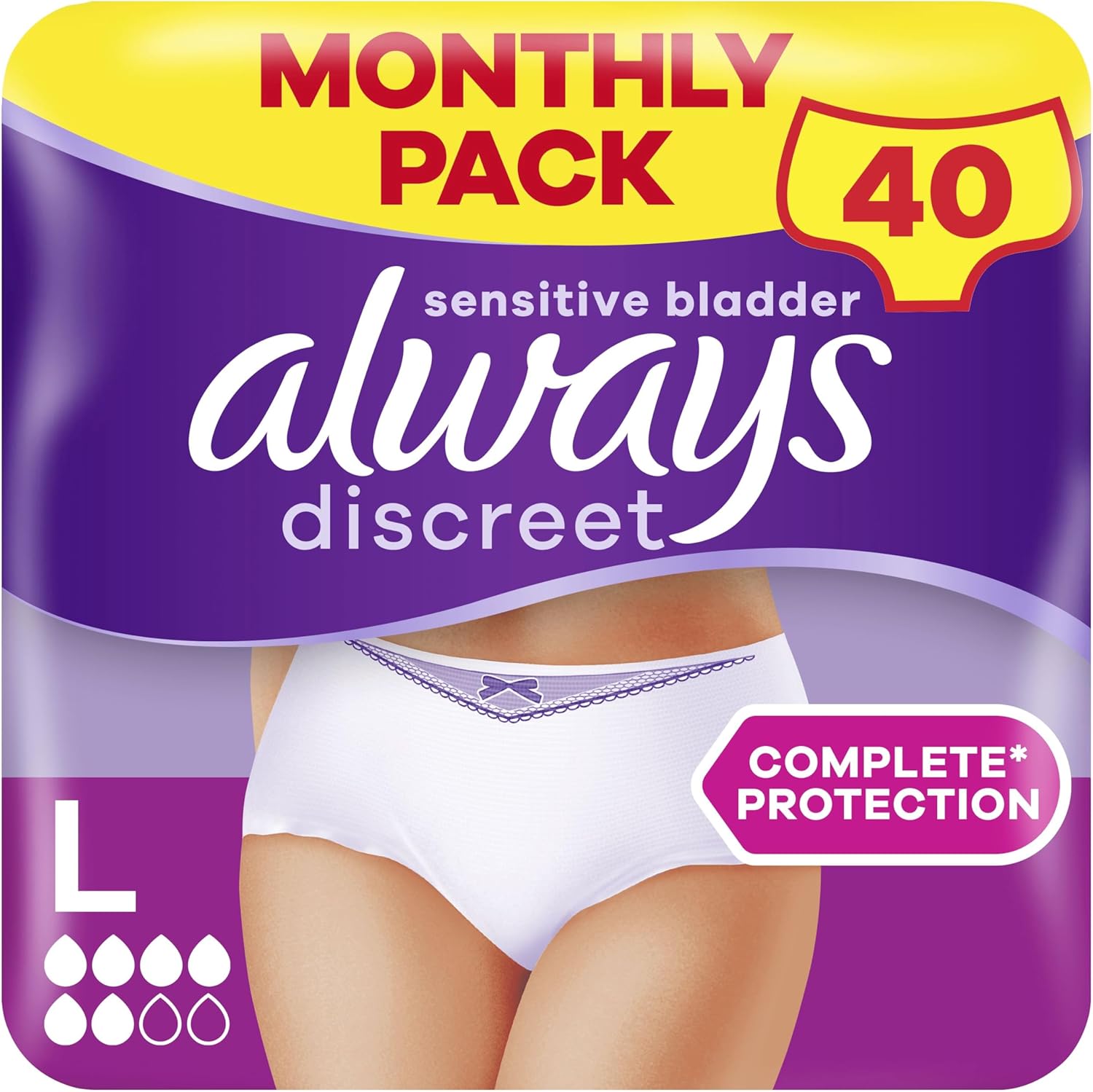 Always Discreet Incontinence Pants Women Large, UK Size 16-22, White, Absorbency 5, 40 Disposable Underwear , Knickers (10 x 4 Packs), Heavy Bladder Leak Protection , Maternity Postpartum Pants