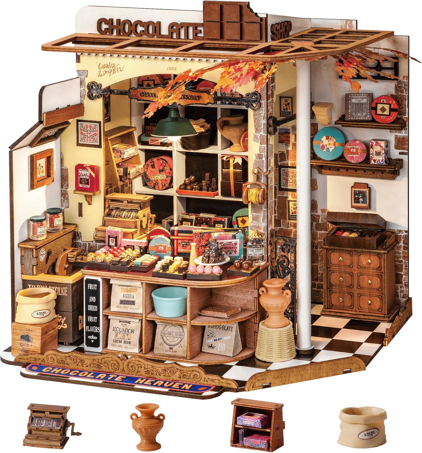 Rolife DIY Miniature House Kit Henry's Chocolate Shop 1:18 Scale Dollhouse Diorama, Tiny House Building Kit Crafts for Adults Home Decor Gift for Boys Girls