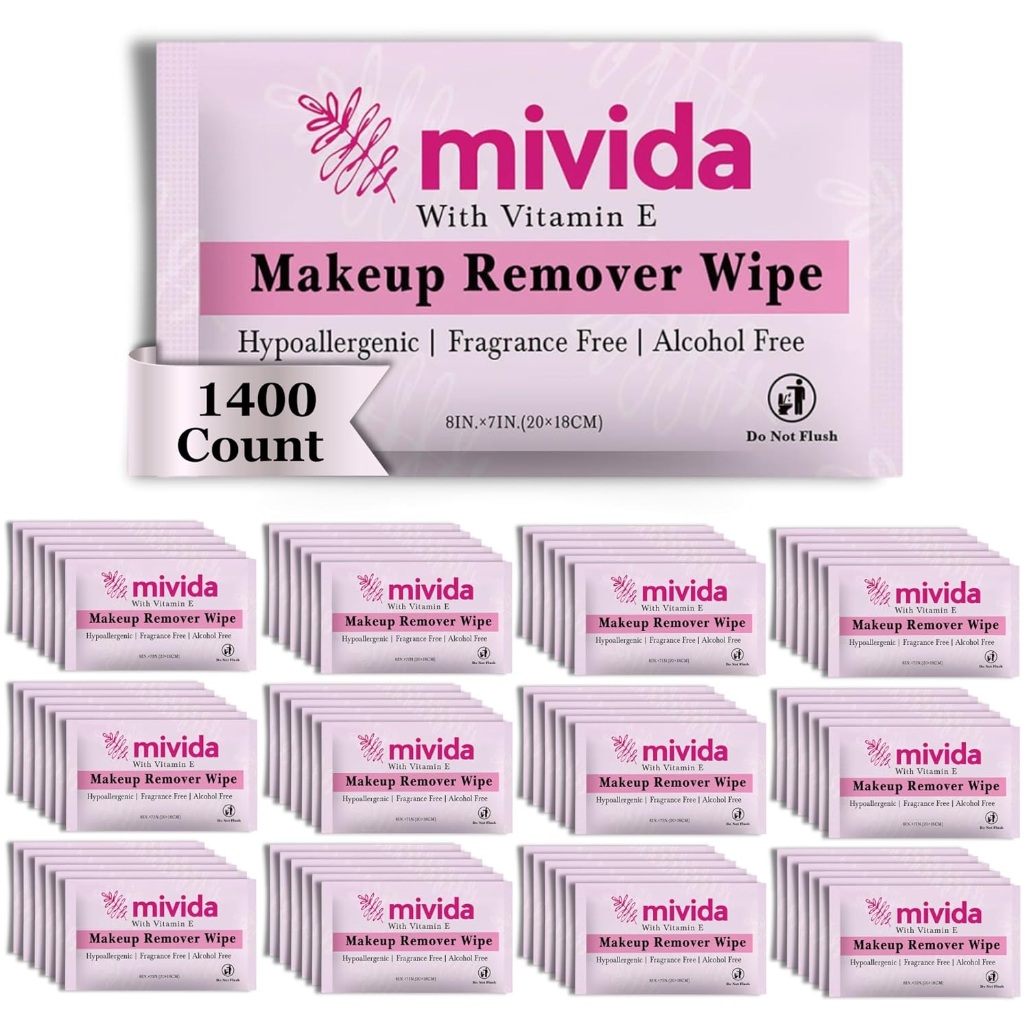 mivida 1400 Count Bulk Individually Wrapped Makeup Remover Wipes with Vitamin E | Hypoallergenic, Fragrance-Free, Alcohol-Free makeup wipes | Bulk single make up removing wipes