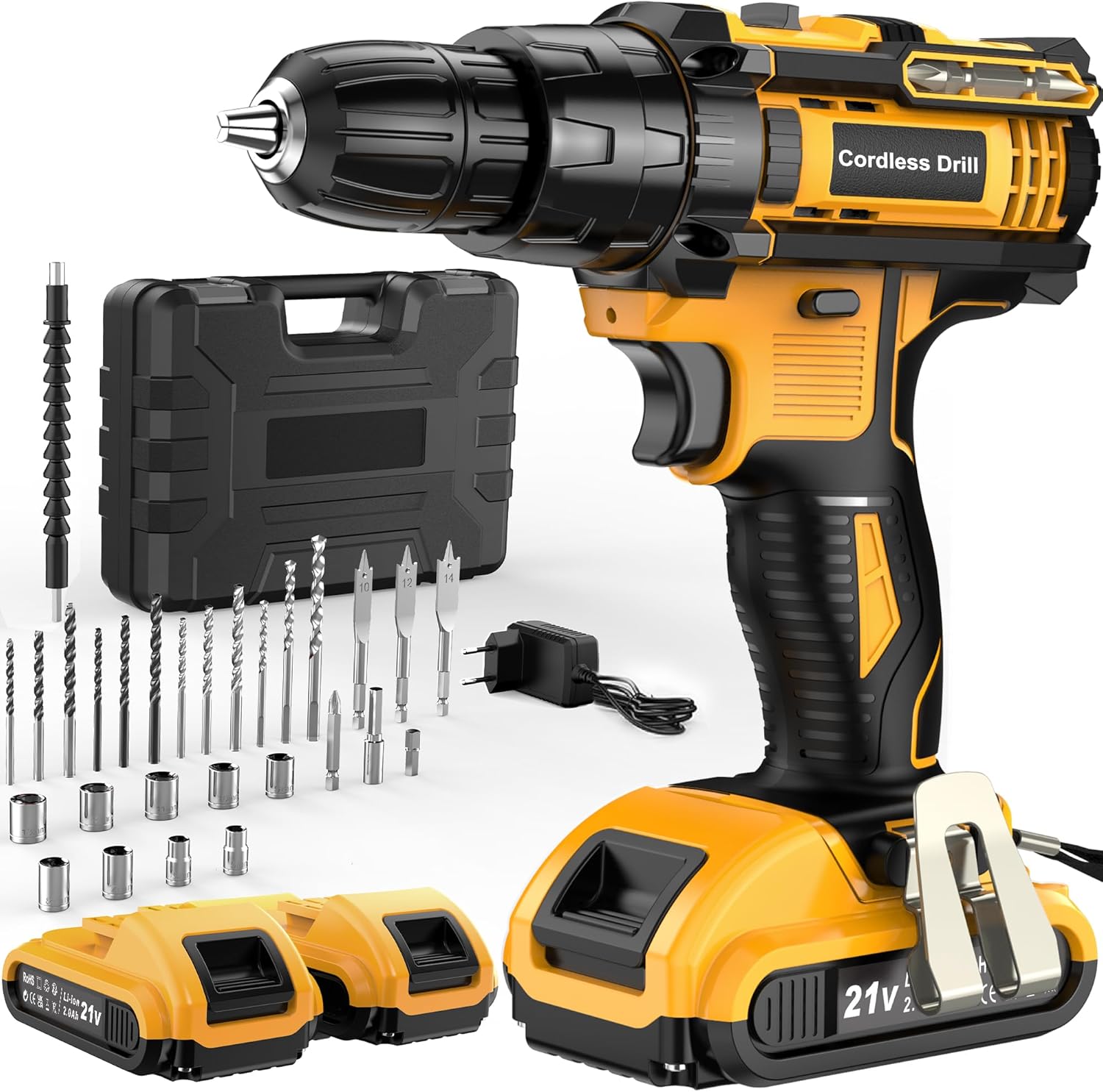 JYGMPRO Cordless Drill Driver 21V, Hammer Drill with 2 Batteries 2000mAh, 25+3 Torque, 42N.m Max Electric Drill, 30PCS Drill Bits, 2 Speed, LED Light for Home and Garden DIY Project