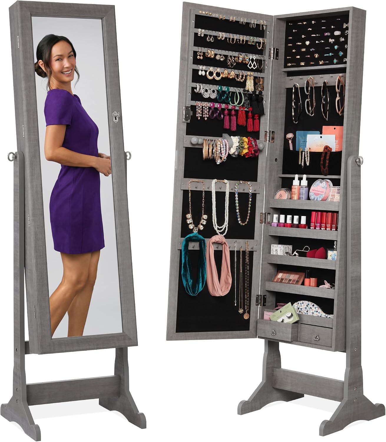 Best Choice Products Freestanding Jewelry Armoire Cabinet, Full Length Standing Mirror, Lockable Makeup Storage Organizer, w/Velvet Lining, 3 Angles, Lock, Accessory Pouch, 5 Shelves - Gray Oak