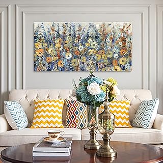 Yuegit Art Hand Painted Contemporary Flowers Canvas Wall Art : Paintings for Wall Decorations Abstract Wall Art Wall Paintings for Living Room Home Office Ready to Hang 24X48Inch (Yellow)
