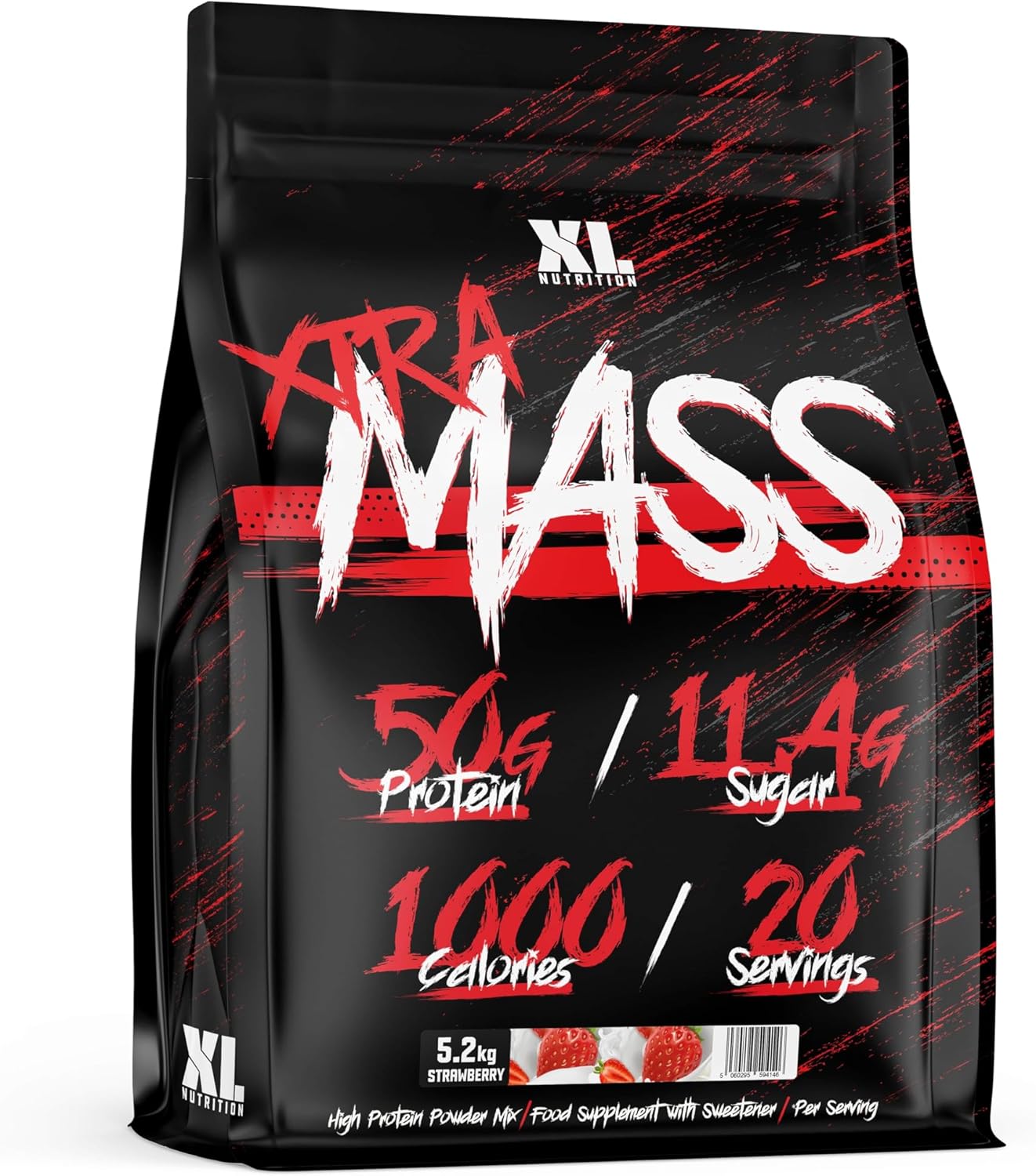 XL Nutrition Xtra Mass 5.2kg Mass Gainer - Serious Mass Protein Powder - 50g Protein, 1000 Calories, Creatine Monohydrate, BCAA, Glutamine - 20 Servings, Strawberry Flavour