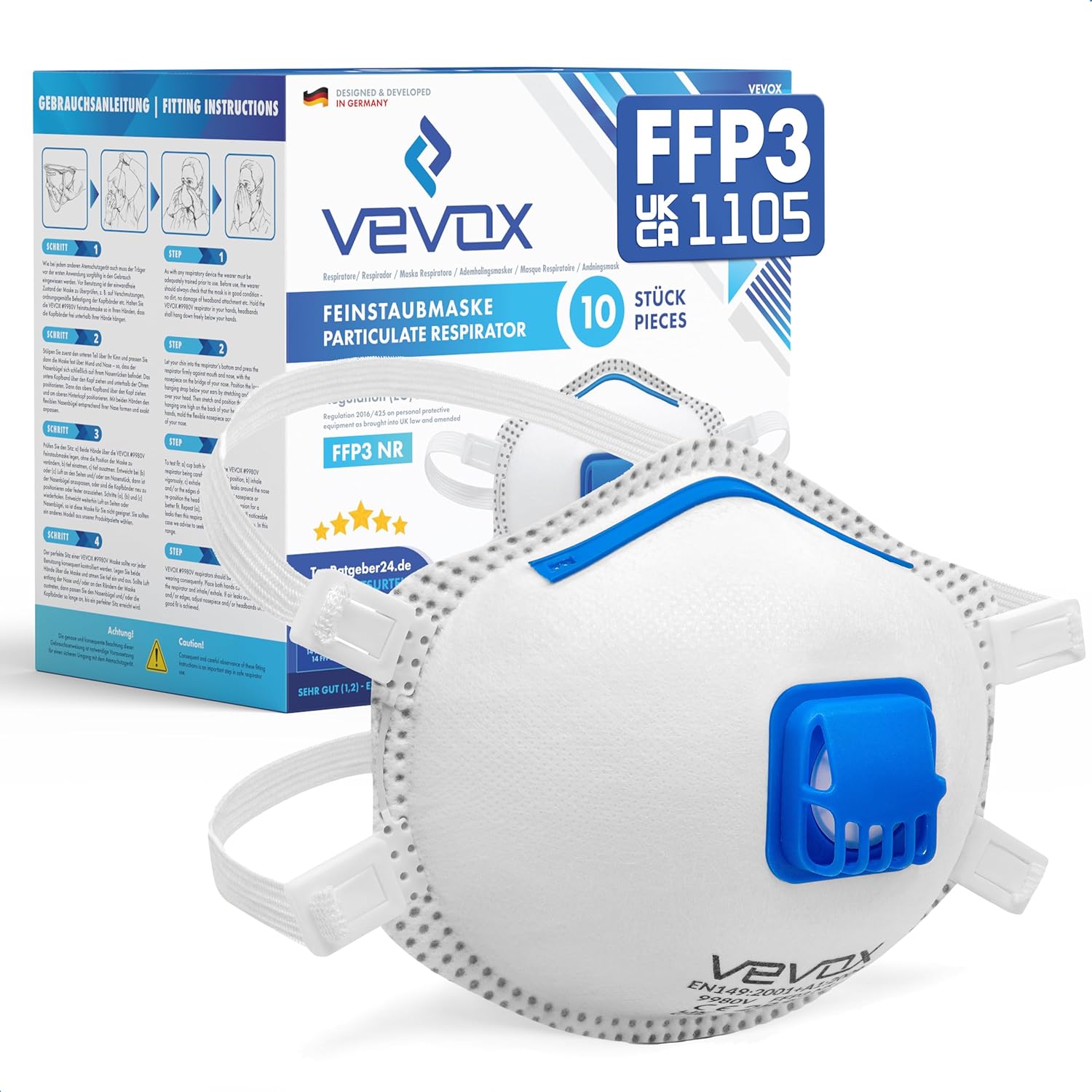 VEVOX® FFP3 Dust Mask - Set of 10 - Valved Face Masks - Respirator - Protection e.g. for Construction, Sanding, Spray Painting, Cleaning, Mould, Fine Dusts or Asbestos Particles