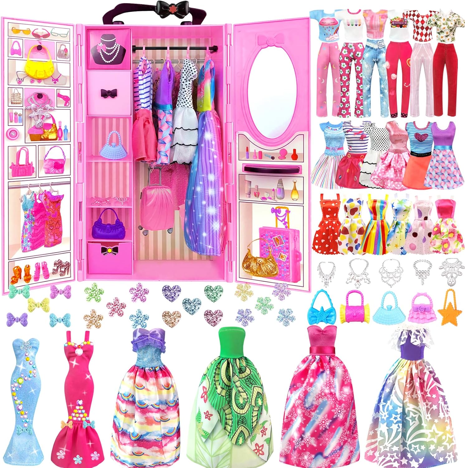 82PCS Doll Clothes and Accessories with Closet for 11.5 Inch Doll - Fashion Design Set Including Wedding Dress Fashion Dresses Outfits Tops and Pants Hangers Bags for Girls