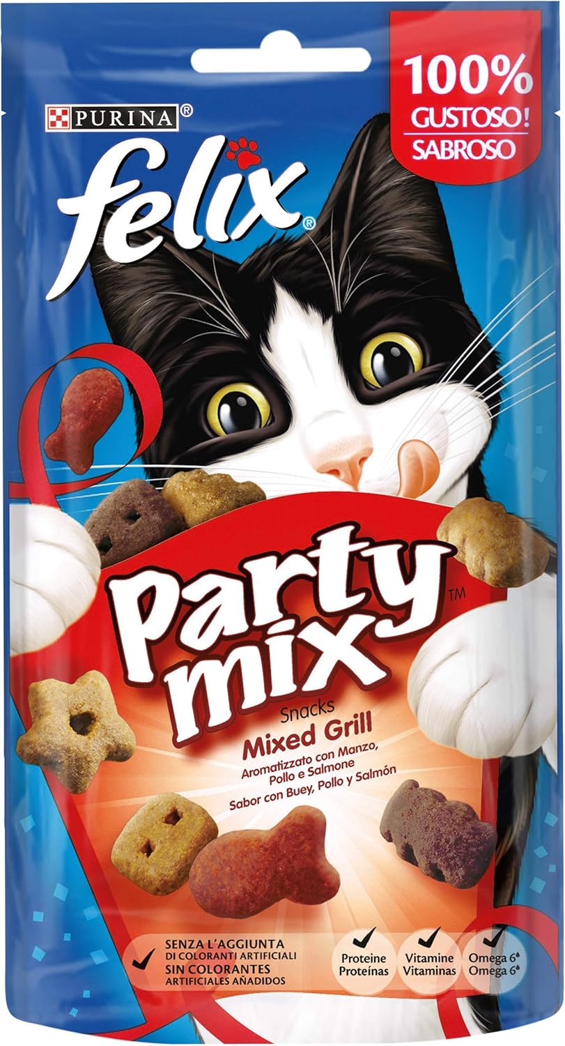 Felix Purina Party Mix Snack Cat Mixed Grill with Beef, Chicken and Salmon, 8 Packs of 60 g