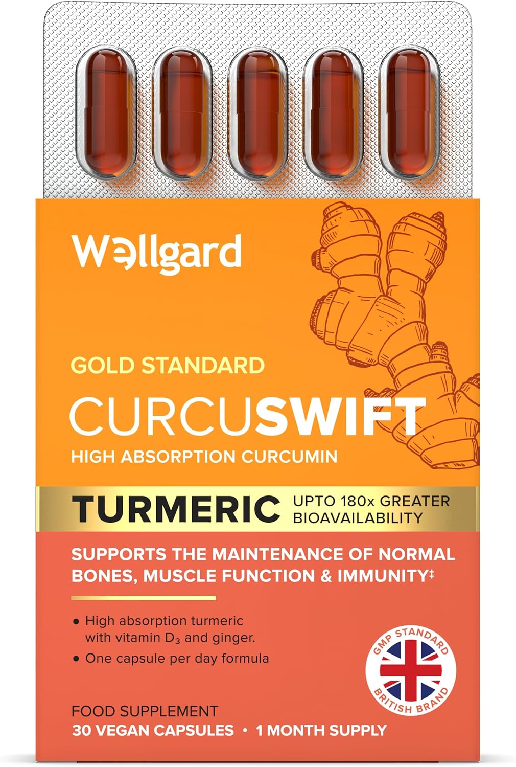 Wellgard Curcuswift Turmeric - High Strength Turmeric Supplement, Curcumin with Vitamin D3 & Ginger for Immune Support & Bone Health