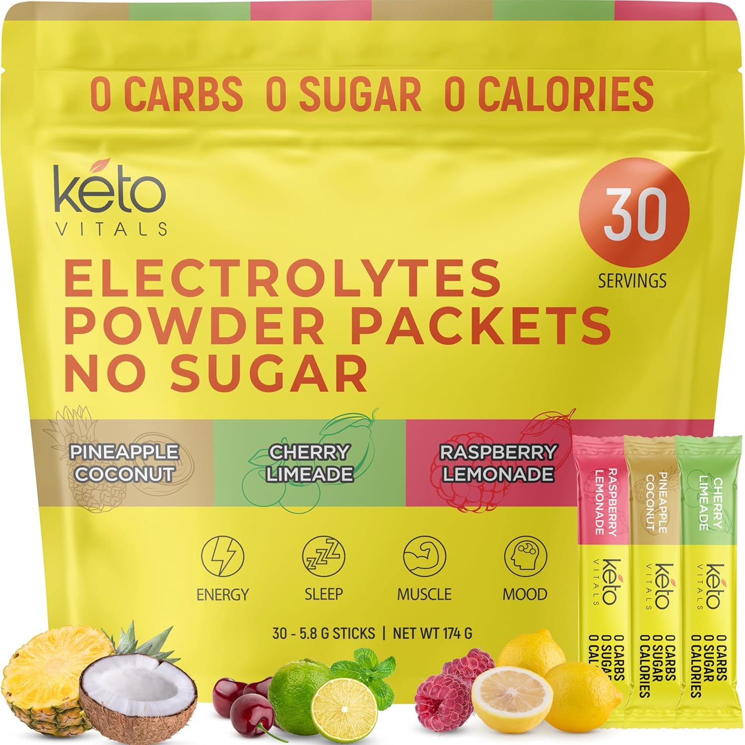 Keto Vitals Tropical Keto Electrolyte Powder No Sugar - Keto Electrolytes Powder Packets with Potassium, Magnesium, Sodium, & Calcium - Sugar Free Electrolyte Drink Mix & Hydration Powder, 30 Serving