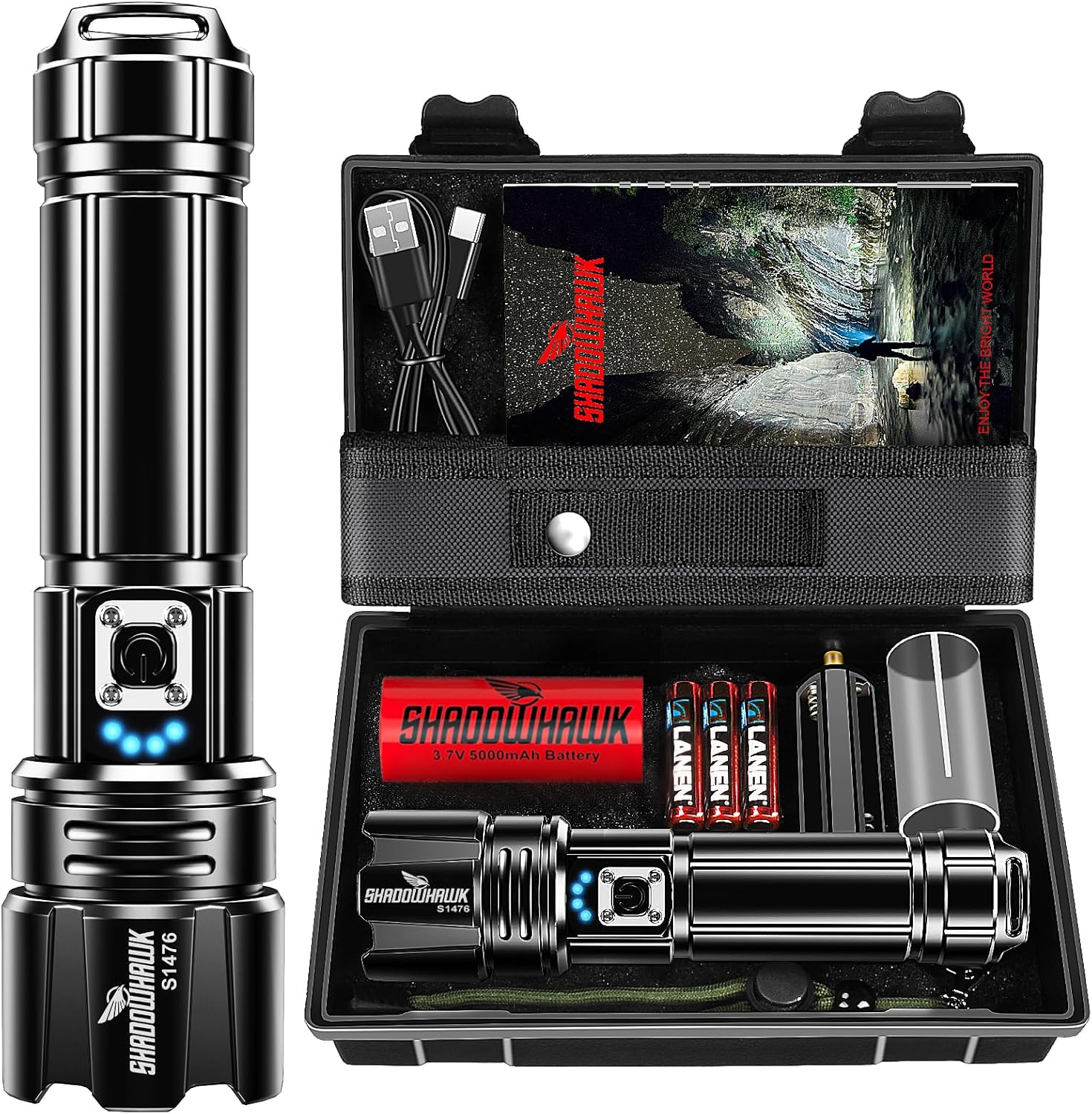 Shadowhawk Rechargeable Torch, 500000 Lumen Torches LED Super Bright, 5000 mAh Long Lasting, Adjustable Focus, IP67 Waterproof, 5 Modes, Powerful Handheld Flashlight for Power Cuts, Camping, Emergency
