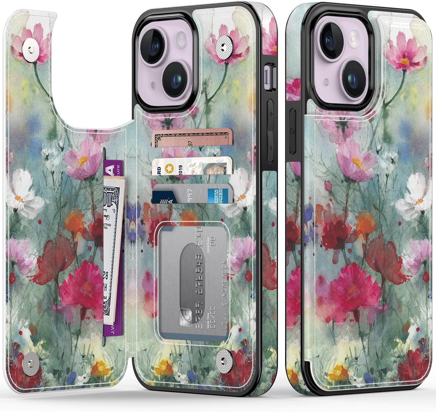 FUNMIKO for iPhone 14 Plus Wallet Case with Card Holder, RFID-Blocking, Military-Grade Drop Protection & Floral Animal Design, Magnetic Closure with Leather Kickstand - Dreamy Flowers