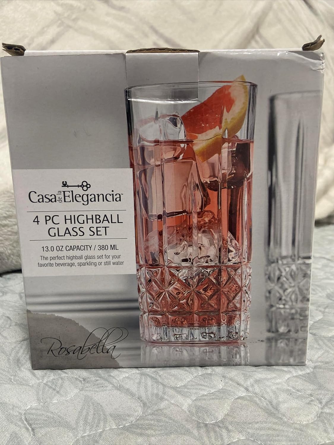 Casa Elegancia Rosabella Highball Glass Set, 13 oz Crystal Glasses, Set of 4