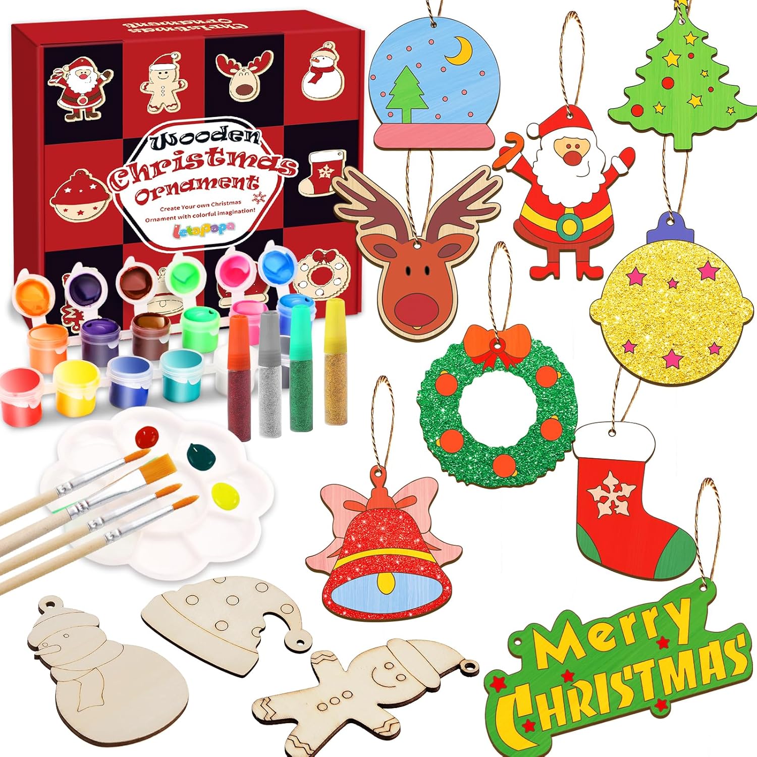 Letapapa 36 Pcs Wooden Christmas Ornaments with Ropes for Hanging Decoration, 12 Styles Unfinished Wood Slices with Hole, DIY Christmas Crafts Gifts for Boys & Girls 5 6 7 8 9 10 11 12
