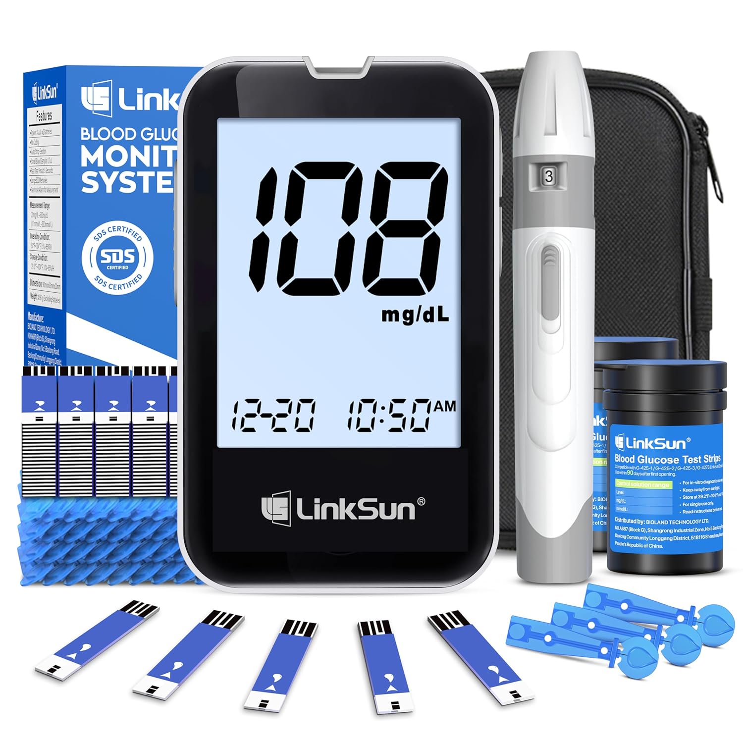 G-425-2V Blood Glucose Monitor Kit, 100 Test Strips, 100 Lancets, 1 Blood Sugar Monitor, 1 Lancing Device, Diabetes Testing Kit No Coding, Glucometer Large Display, Glucose Meter for Home Use