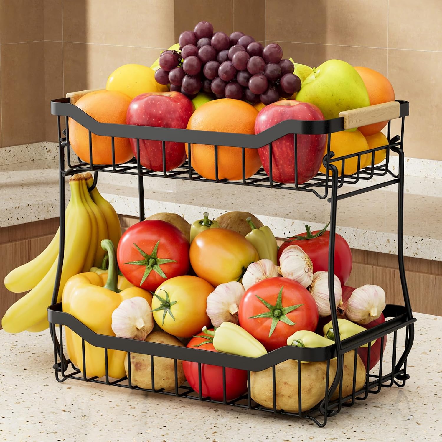 Fruit Basket for Kitchen Counter - 2 Tier Detachable Fruit Vegetable Basket with Banana Hanger, Metal Countertop Fruit Stand with Wooden Handle, Black,7.3" D x 11.2" W x 10.3" H