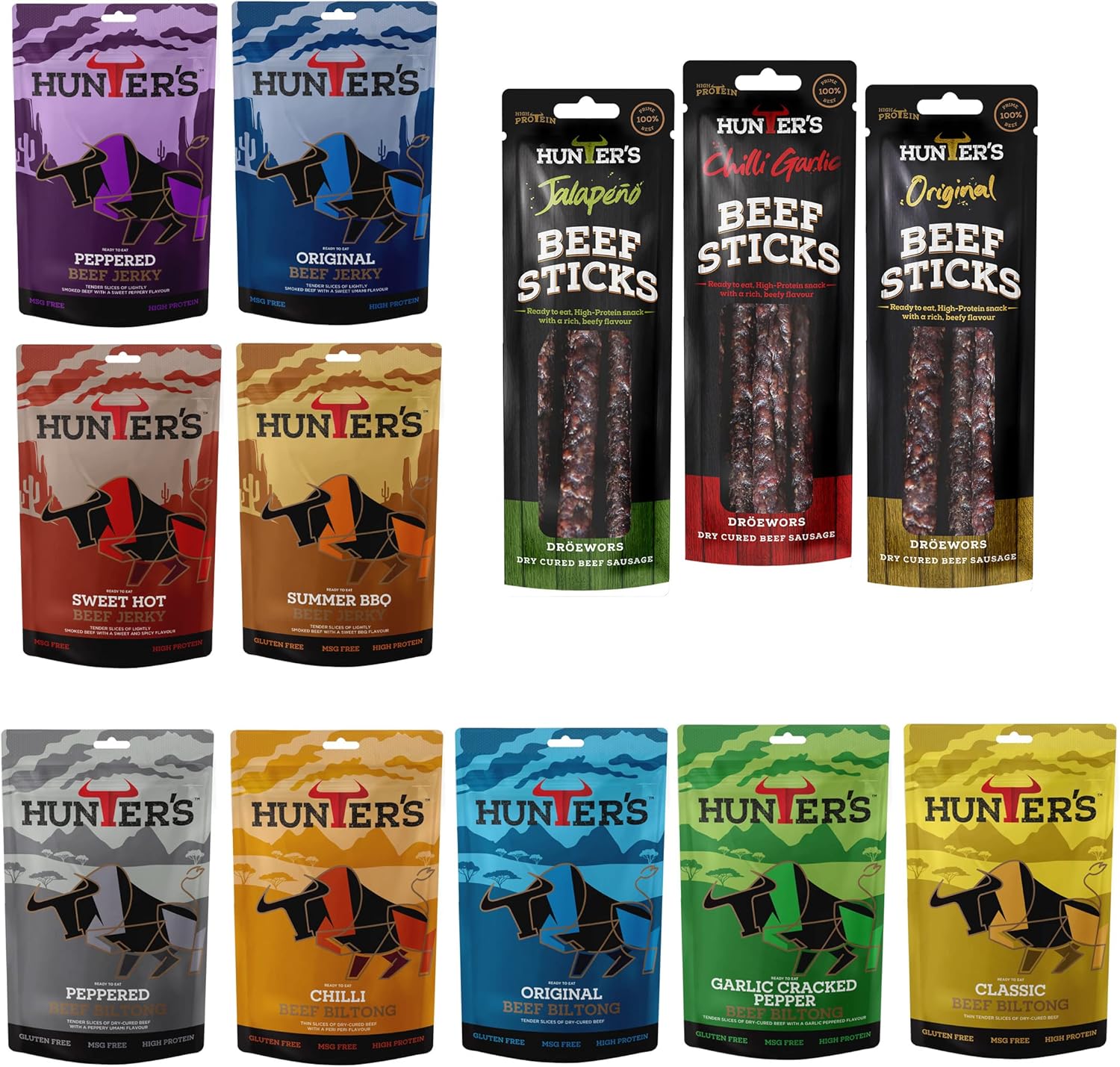 Hunters Beef Snack 12 Pack Combo – 28g Biltong, 28g Jerky, 40g Beef Sticks Droewors, High Protein, low carb, Thin sticks of authentic Droewors, Convenient Snack